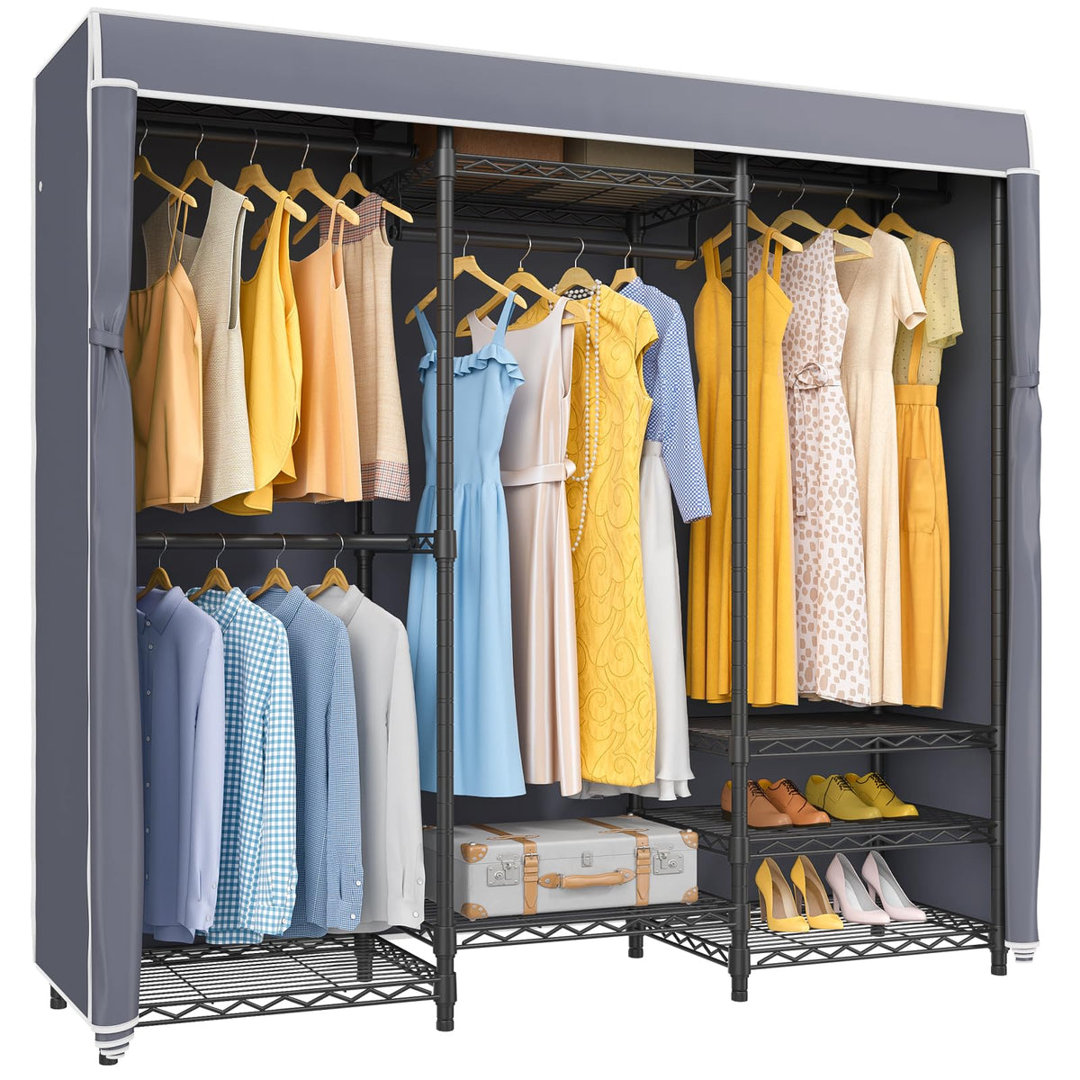 Vipek V5C Covered Clothes Rack Heavy Duty Portable Closet Wardrobe, Freestanding Black Metal Clothing Rack With Grey Oxford Fabr
