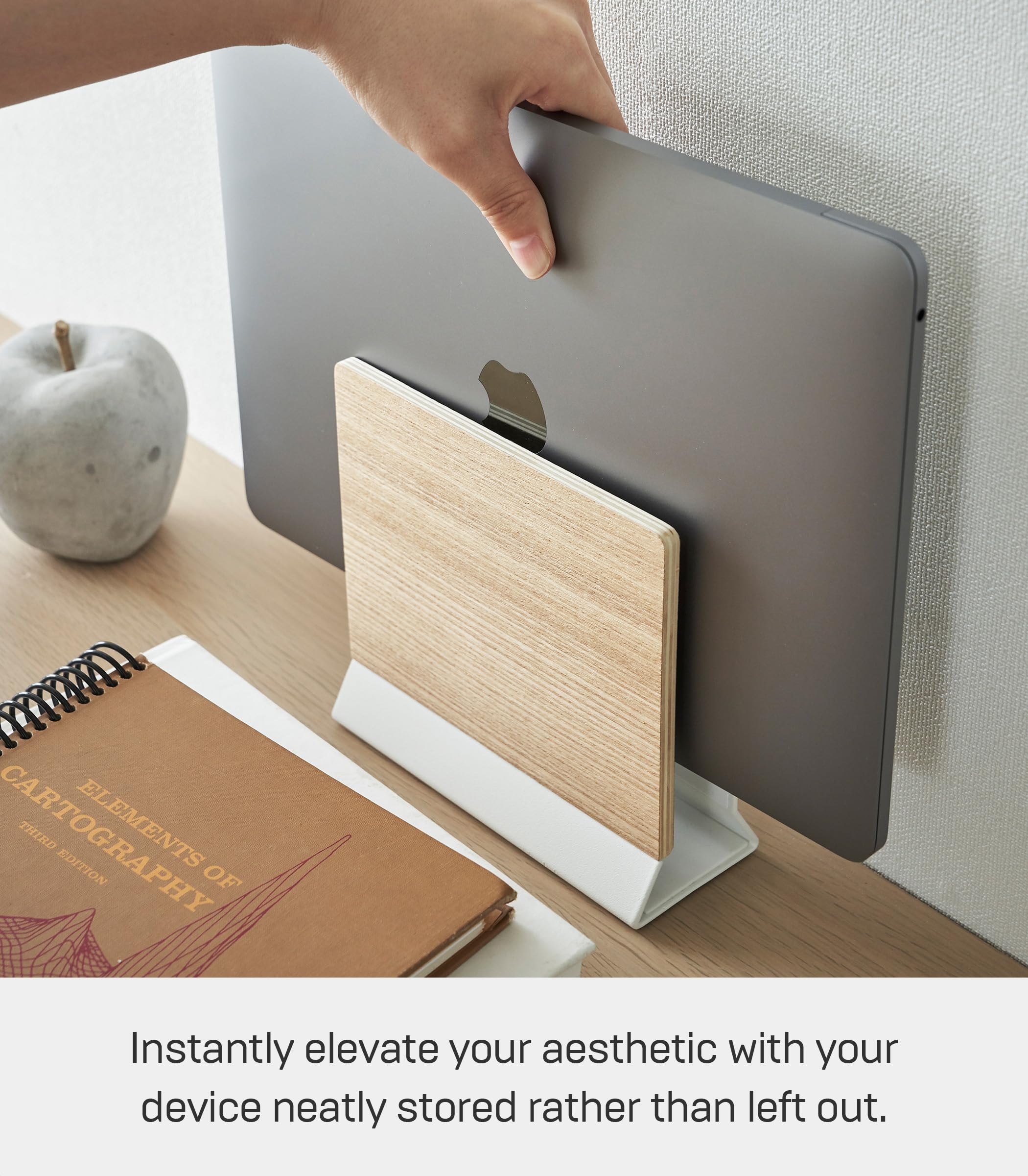 Yamazaki Home Rin Portable Laptop Holder Stand For Desk In Bedroom Or Office, Wooden Storage Station - Steel + Wood