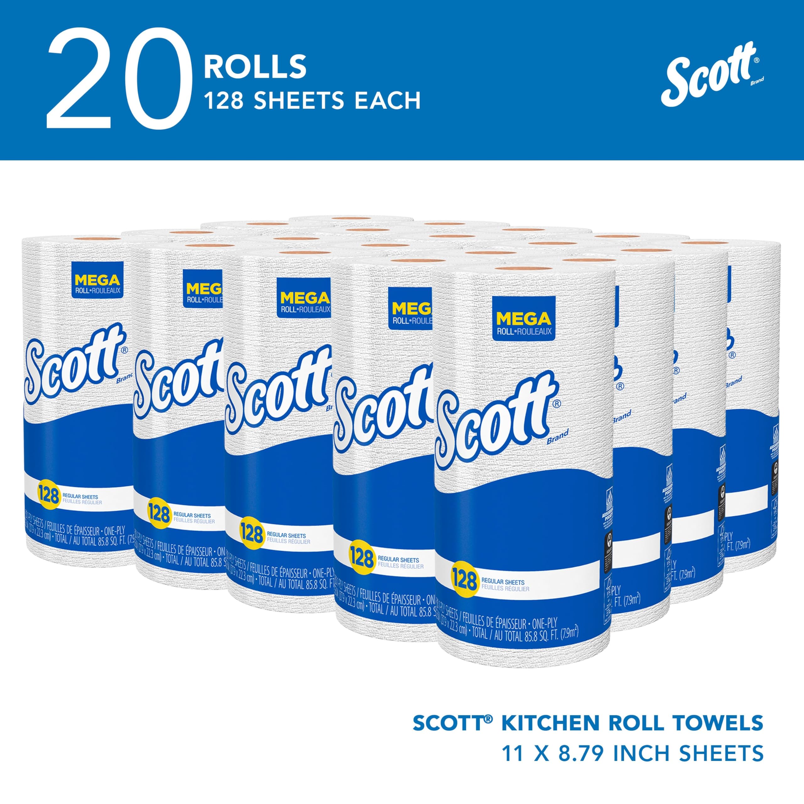 Scott Kitchen Paper Towels (41482) With Fast-Drying Absorbency Pockets, Perforated Standard Paper Towel Rolls, 128 Sheets / Roll