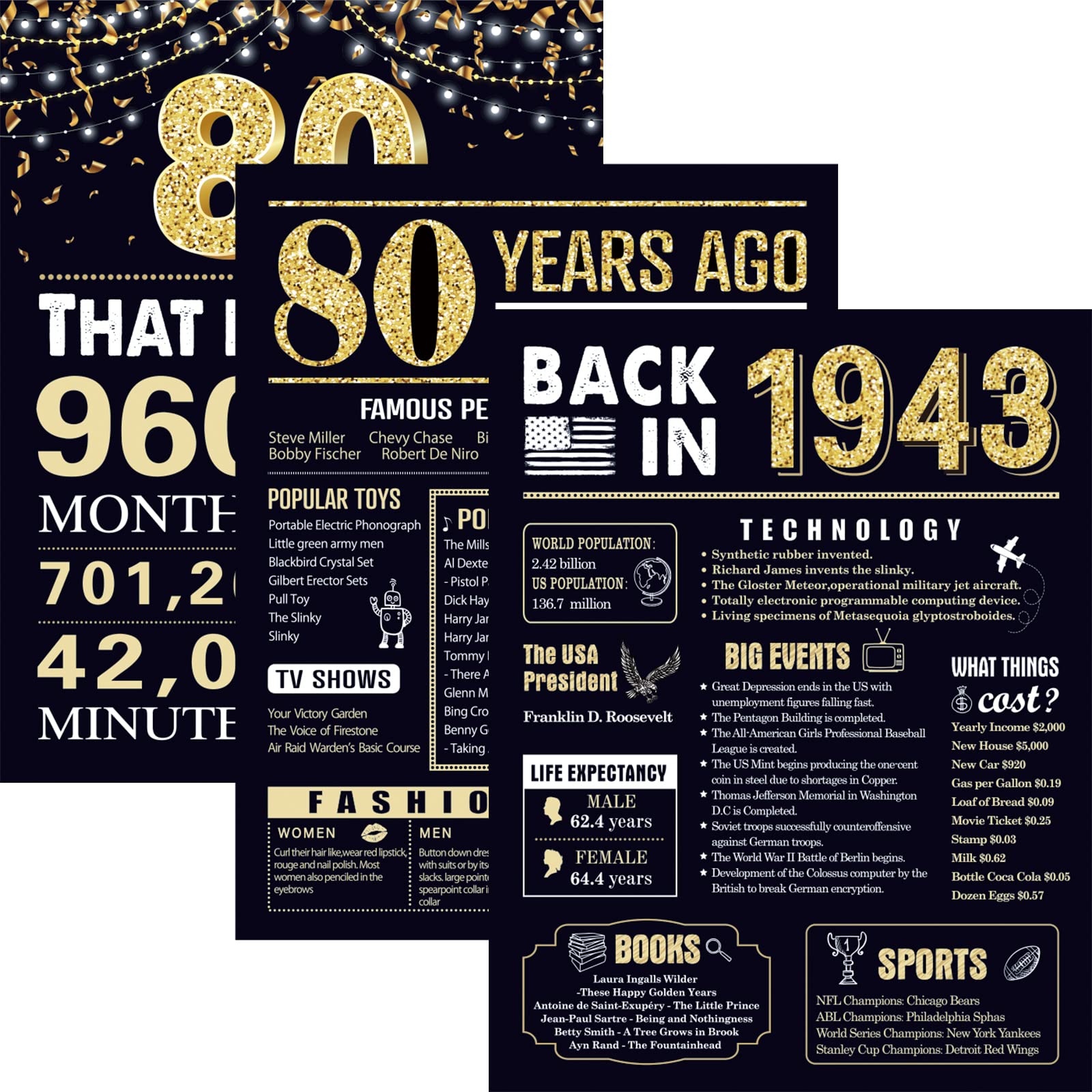 80 Years Ago 80Th Birthday Wedding Anniversary Poster 3 Pieces 11 X 14 40S Party Decorations Supplies Large Sign Home Decor For