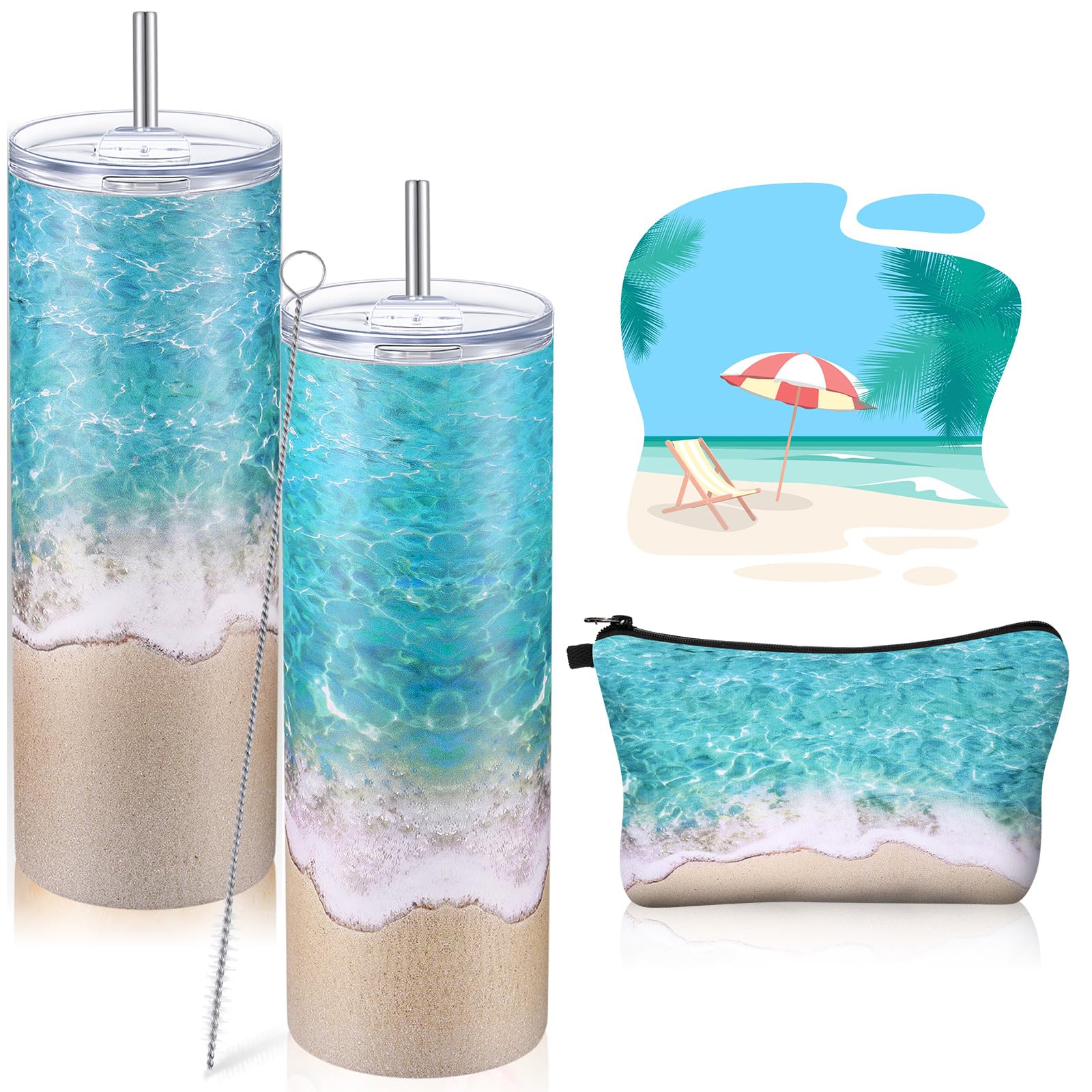 Mimorou Beach Gifts for Women 20 oz Insulated Tumbler with Straw and Lid Summer Ocean Sunset Makeup Bag Cosmetic Bag with Zipper