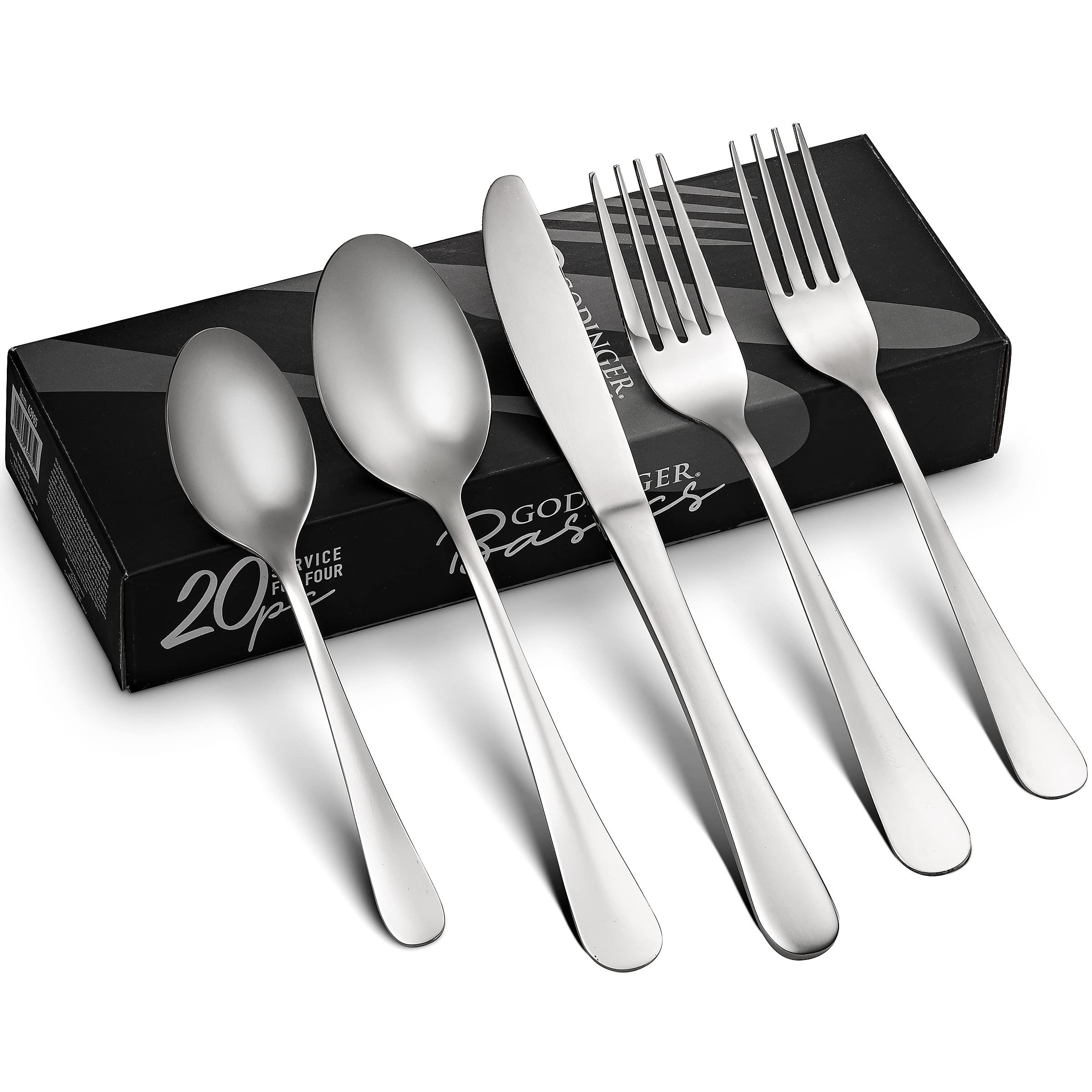 Godinger Silverware Set, Flatware Set, Matte Finish Stainless Steel Cutlery Silverware Flatware Sets, 20 Piece Set, Service For