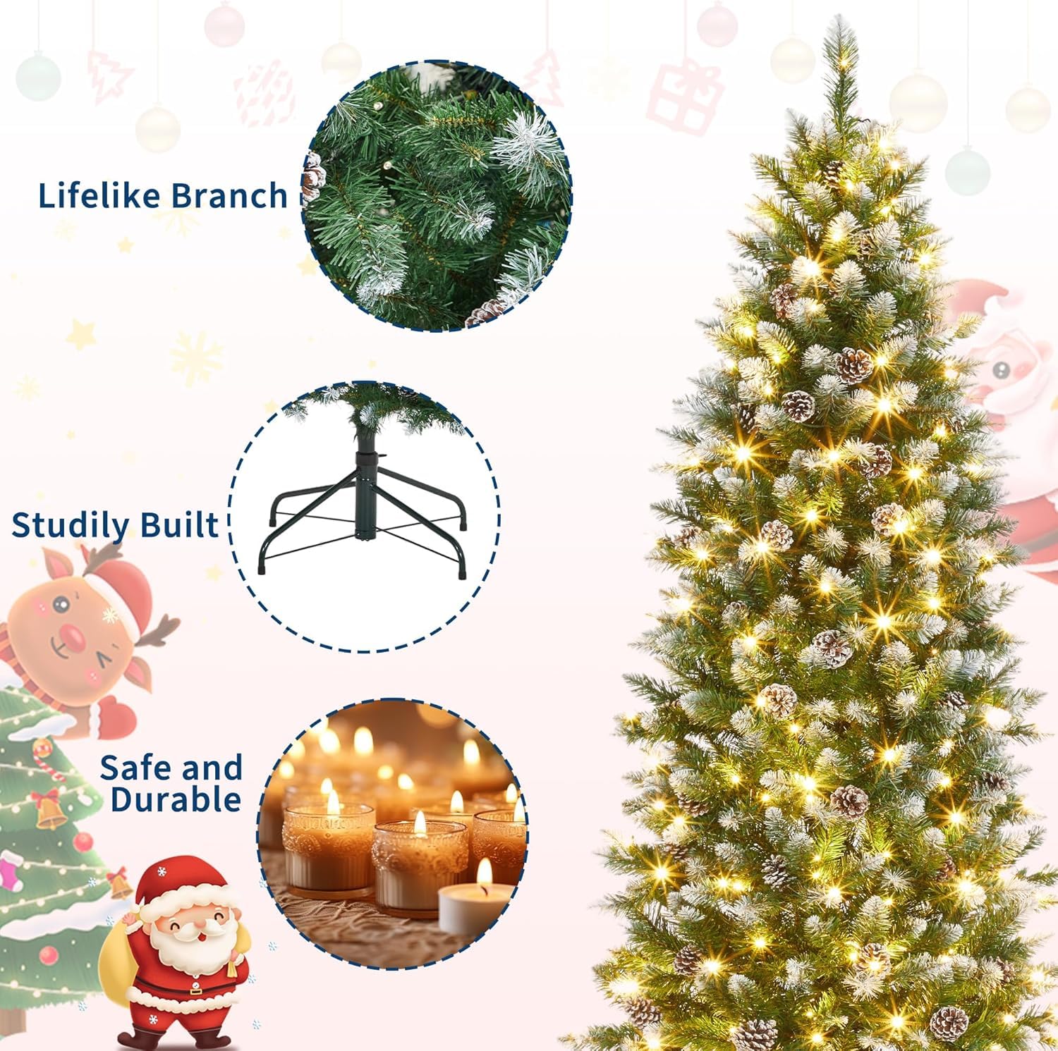 GarveeHome 7.5 ft Pencil Christmas Tree,Artificial Pre-Lit Slim Christmas Tree,Realistic Xmas Tree Artificial Holiday Decoration