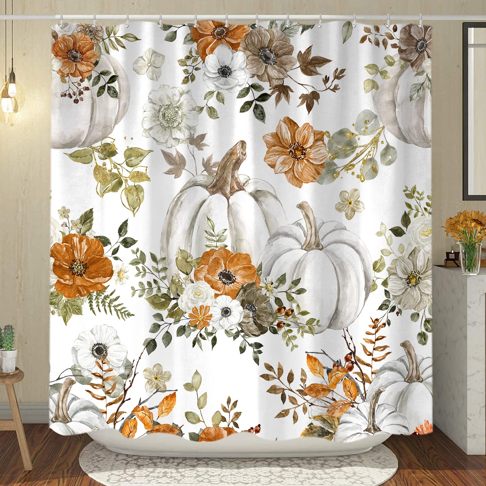 Cute Fall Pumpkin Shower Curtain, Autumn Thanksgiving Watercolor Teal Pumpkin Fabric Shower Curtains Set For Bathroom Decoration