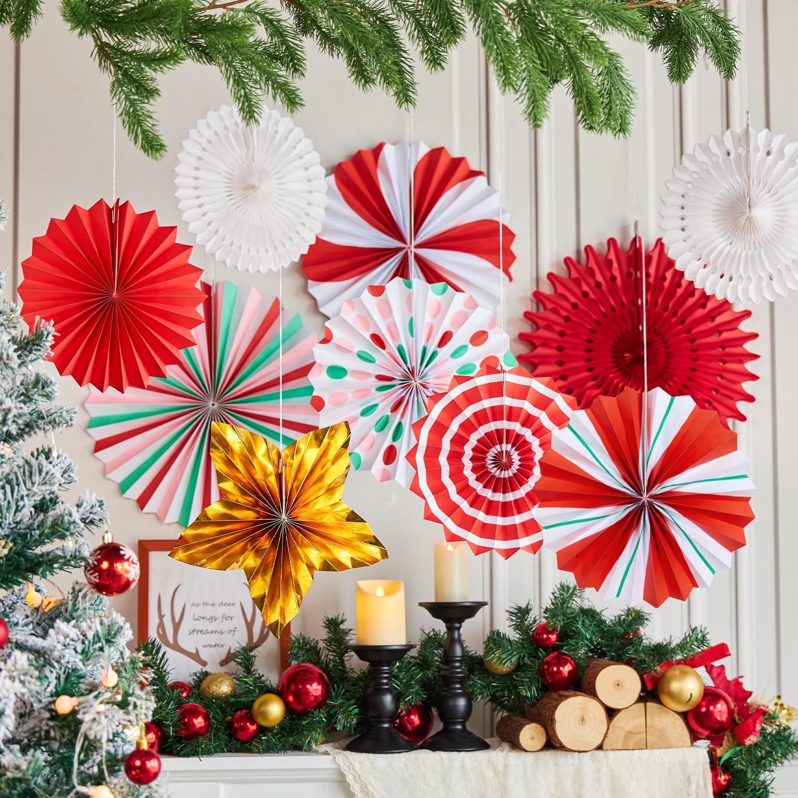 OBBOLO Christmas Paper Fans, Christmas Paper Decorations, Hanging Xmas Decor in Gold, Red, White and Peppermint Candy Theme Hone