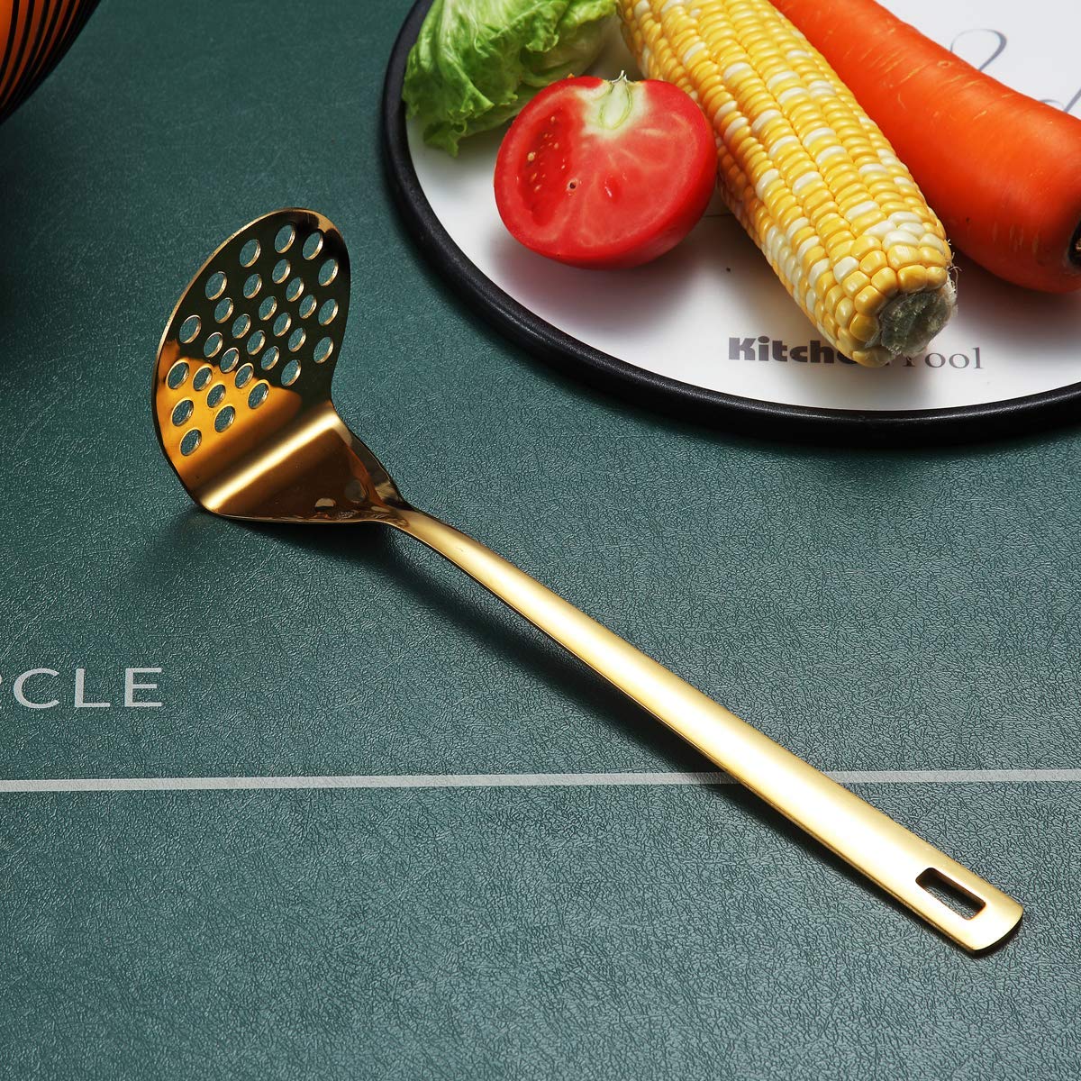 Gold Potato Masher, Berglander Heavy Duty Metal Potato Ricer Stainless Steel With Titanium Gold Plating, Food Masher Utensil Han