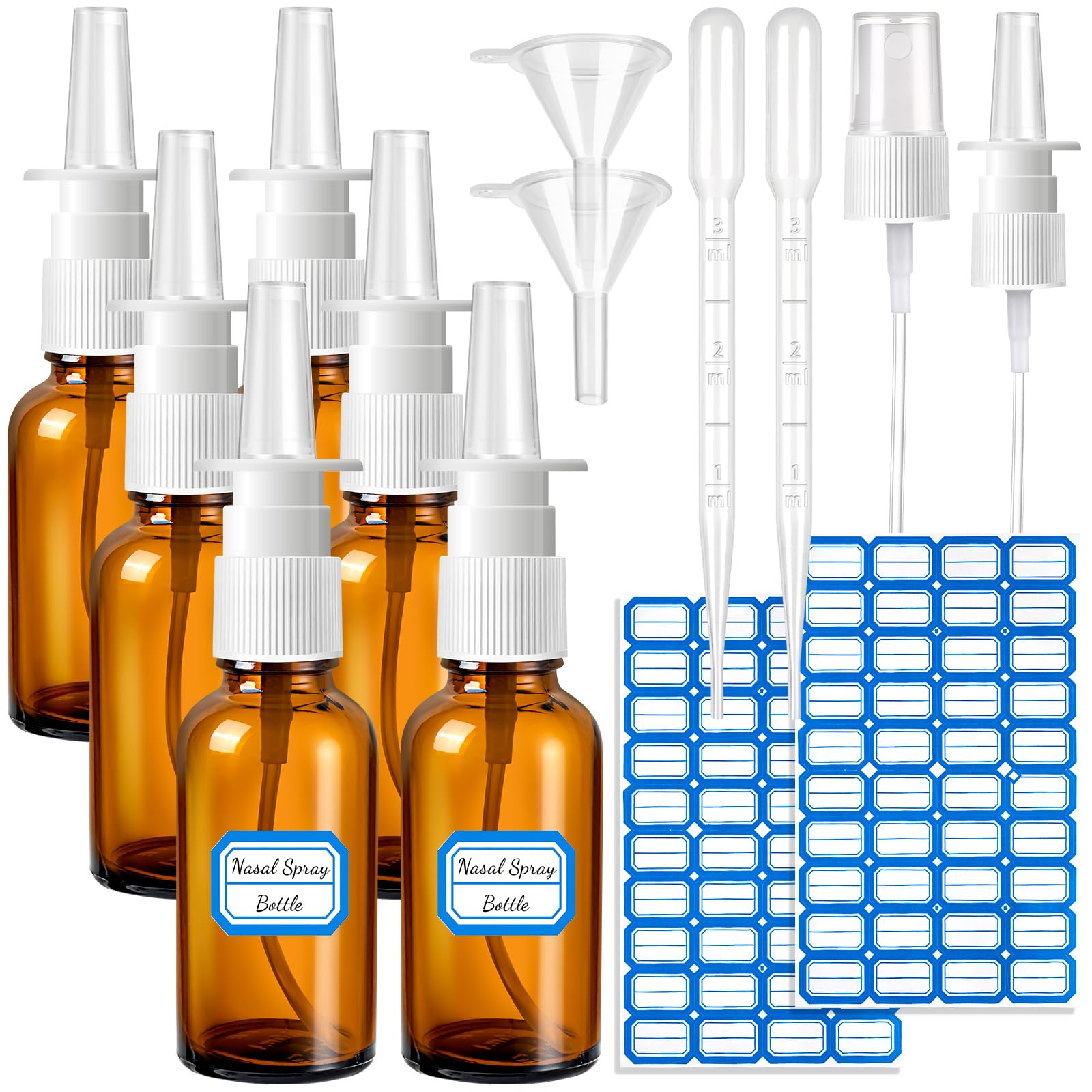 Zhwkmyp 14 Pcs Nasal Spray Bottle, 30Ml/1Oz 6 Pcs Empty Refillable Fine Mist Glass Nasal Spray Bottle With 2 Pcs Funnels, Labels