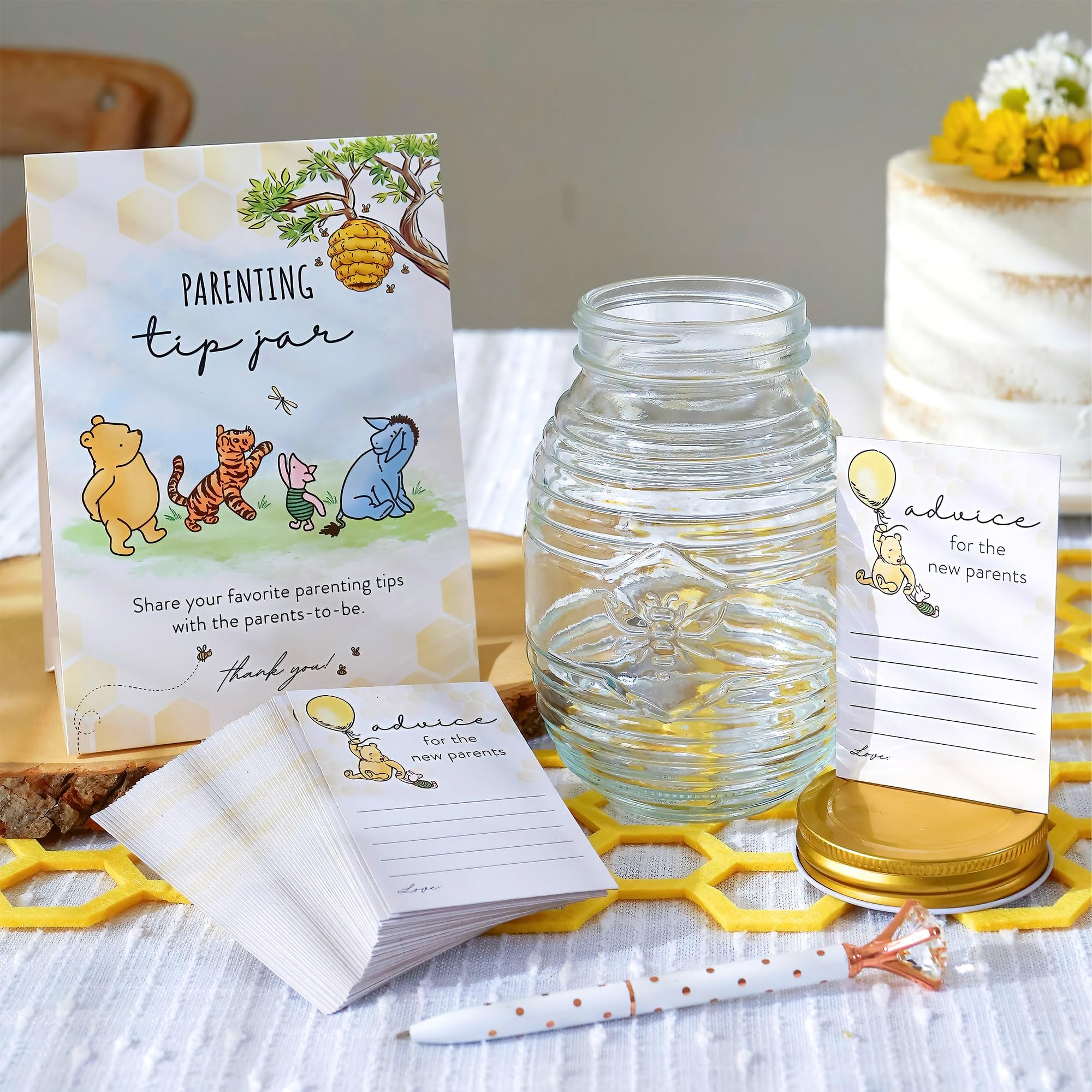 Kate Aspen Honey Bear Parenting Tip Jar For Baby Shower Game & Activity, Advice Cards & Bee Hive Shaped Jar with Lid, Nursery an
