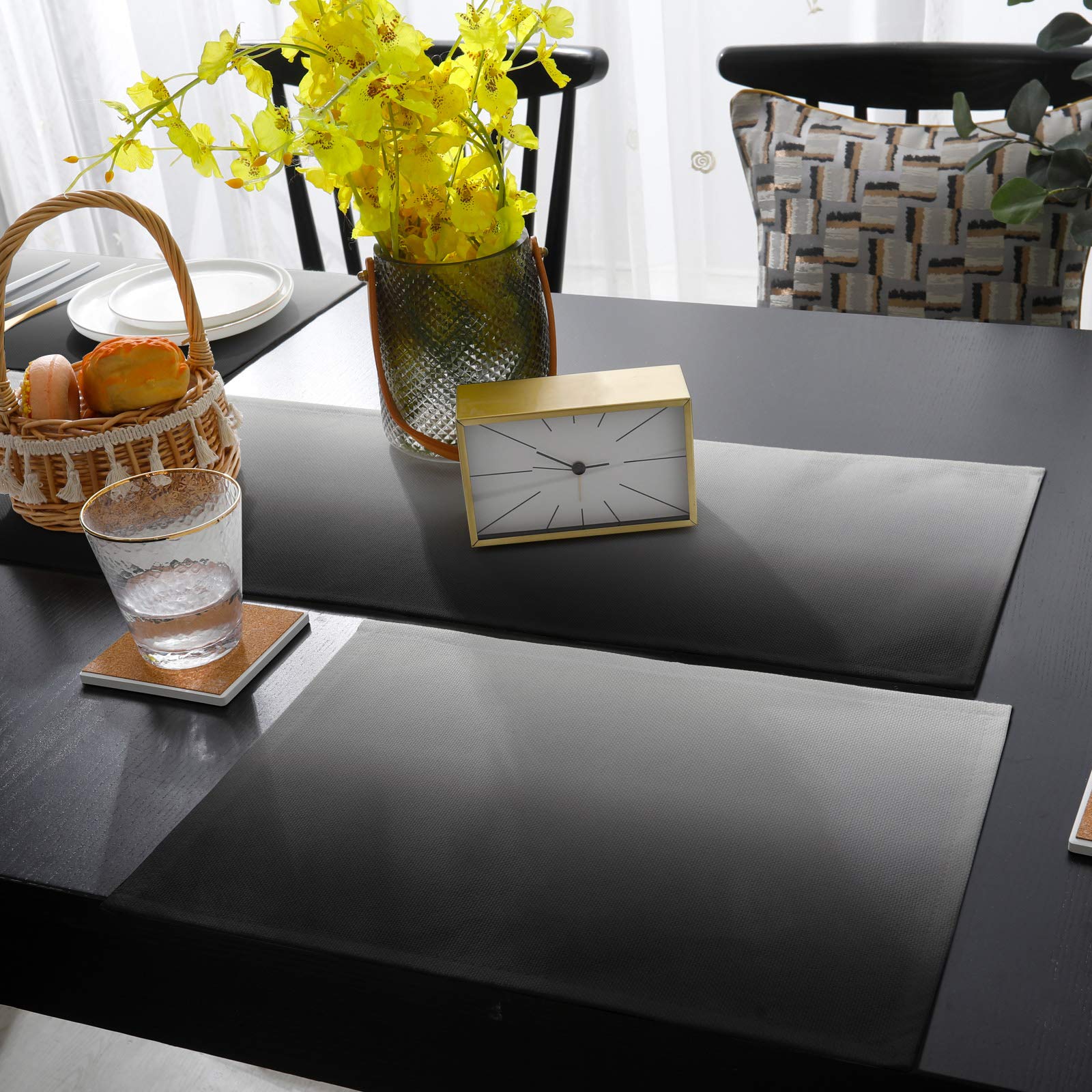 Artwork Store 70 Inch Table Runner And Placemats Set Of 6 Kits For Dinner Table, Ombre Black Grey Heat Resistant Cotton Linen Ta