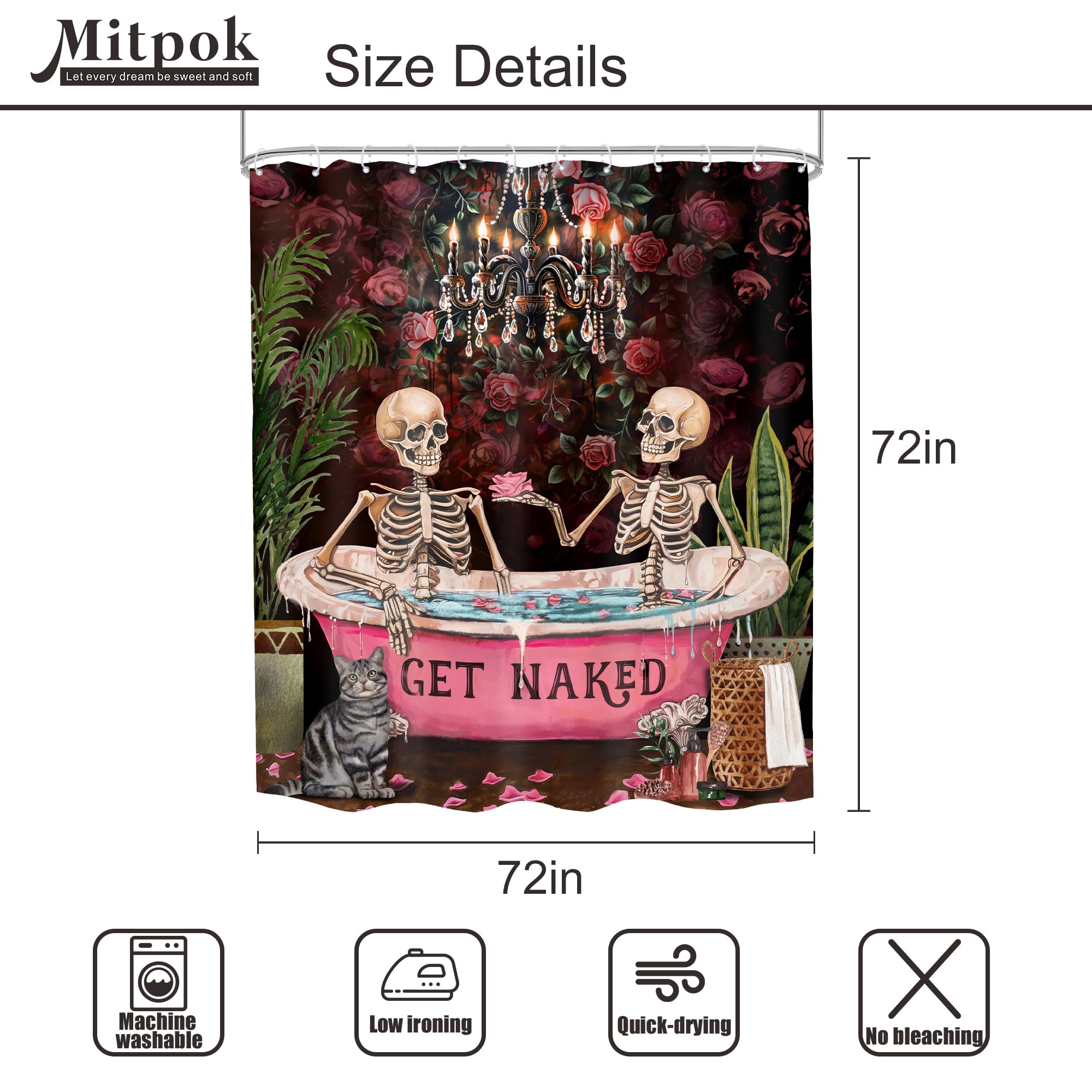 Mitpok Gothic Skull Skeleton Shower Curtain 72Wx72H Vintage Spooky Funny Black Rose Bone In Bathtub Retro Floral Flower Plant Ba