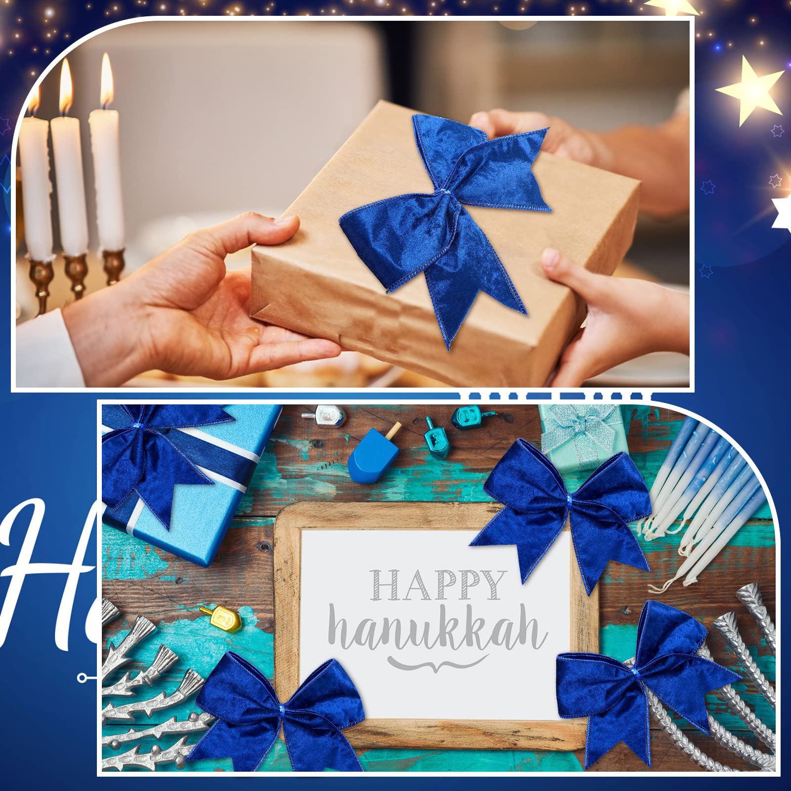 Panelee 12 Pcs Blue Velvet Christmas Bows 6 x 6 in Wreath Bow Christmas Tree Decorations Ornaments for Hanukkah Xmas Tree Topper