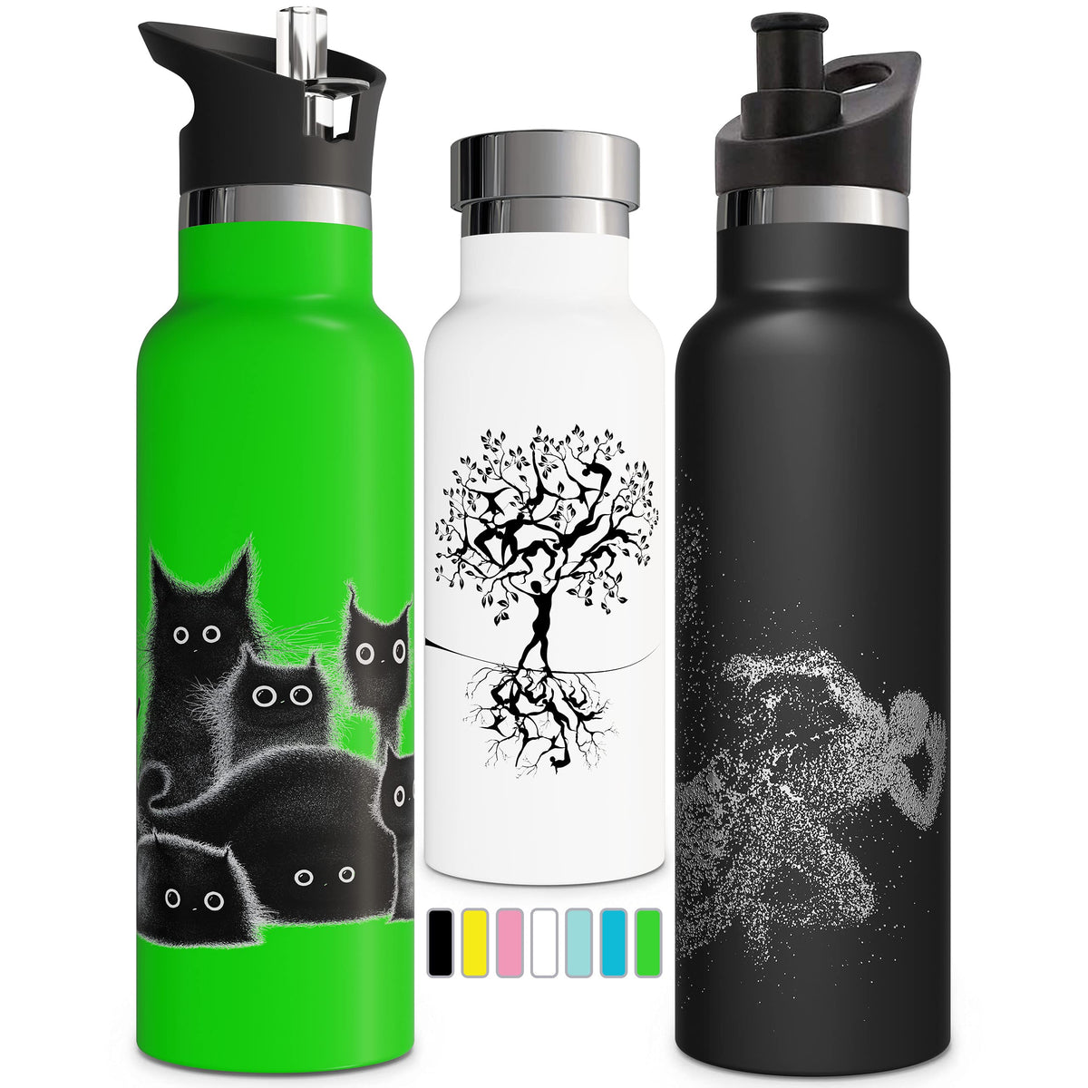 Involve & Evolve Insulated Water Bottle With 3 Lids (Straw Lid) Kids Reusable Double Walled Stainless Steel Flask Metal Running