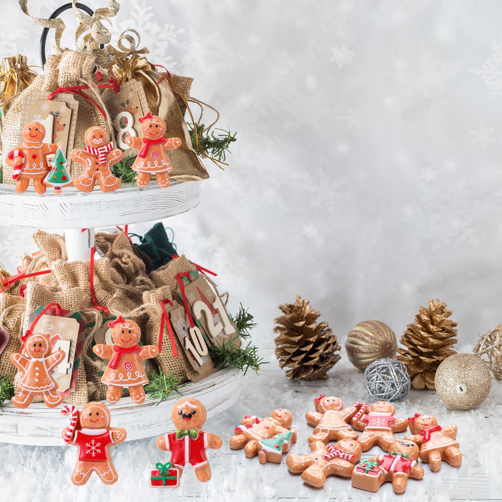 Simgoing 60 Pcs Mini Christmas Gingerbread Man Decorations Set Christmas DIY Craft Accessories Miniature Assorted Flat Back Resi