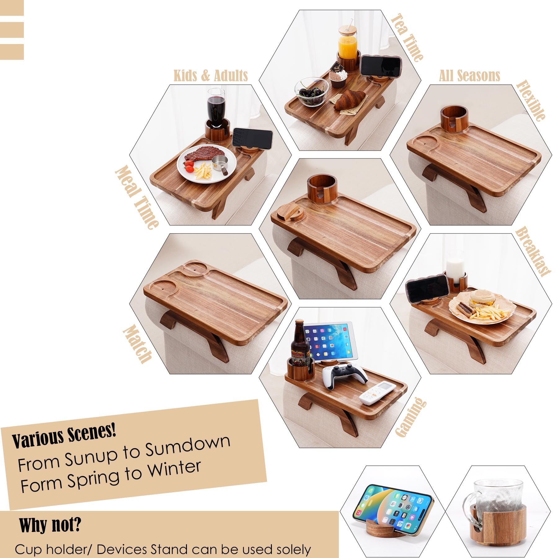 Nnewvante Couch Cup Holder Tray, 3 In 1 Large 15.36''X9.85'' Acacia Wood Sofa Arm Clip On Tray Table With 360Rotated Phone Holde