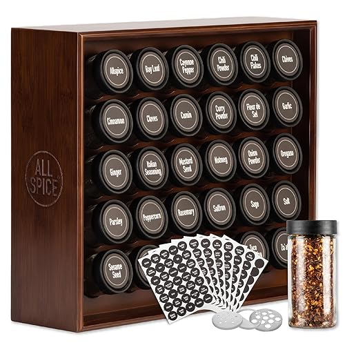 AllSpice Wood Spice Rack, Includes 30 4oz Jars- Walnut Stain