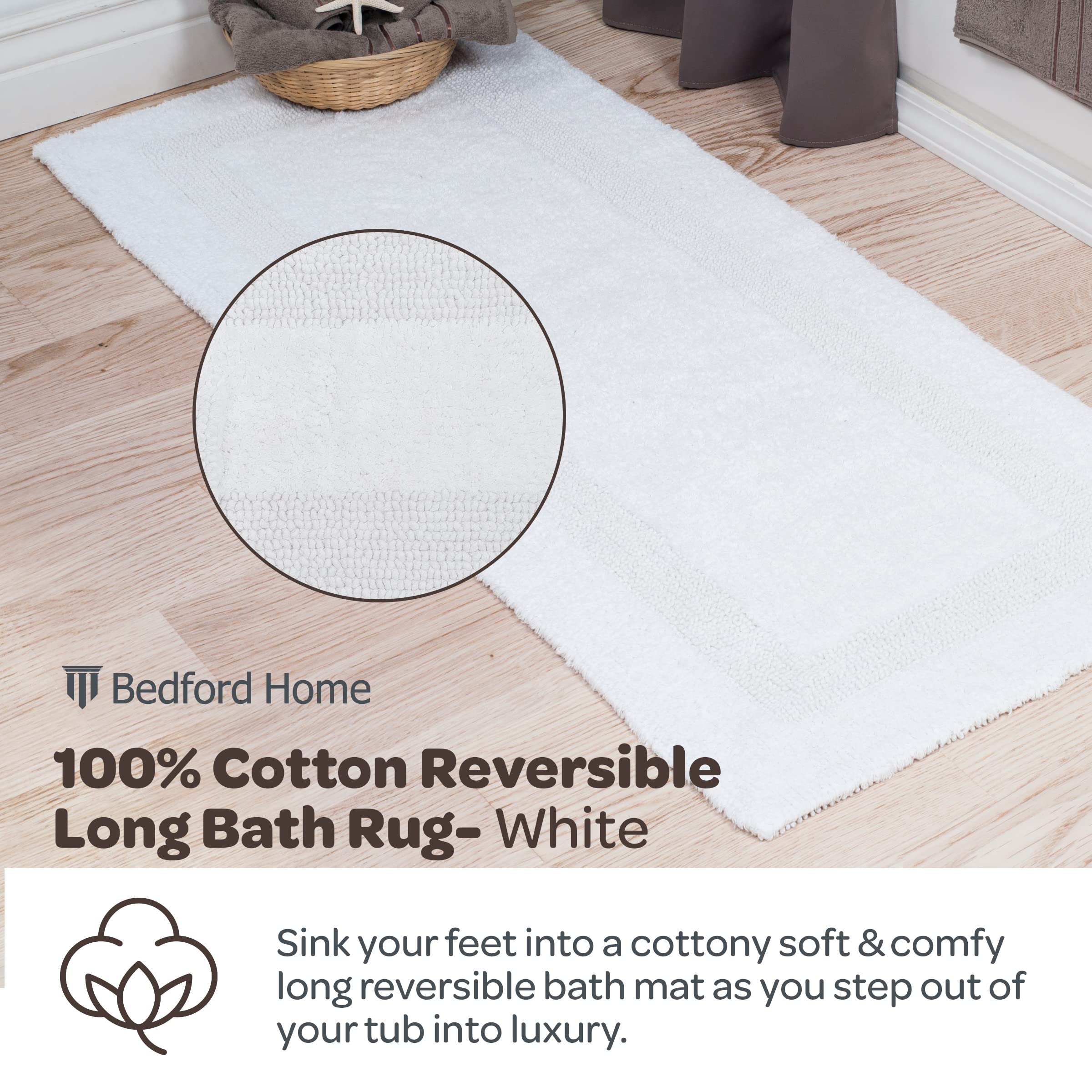 Bedford Home 100% Cotton Reversible Long Bath Rug - White - 24X60