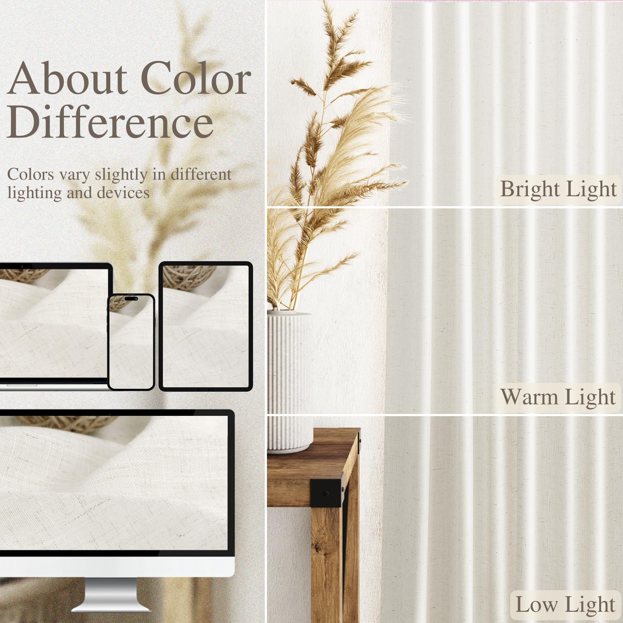 Beige White Kitchen Cafe Sheer Curtains 54 Inch Long 2 Panel Back Tab Linen Textured Light Filtering Short Neutral Bohemian Farm