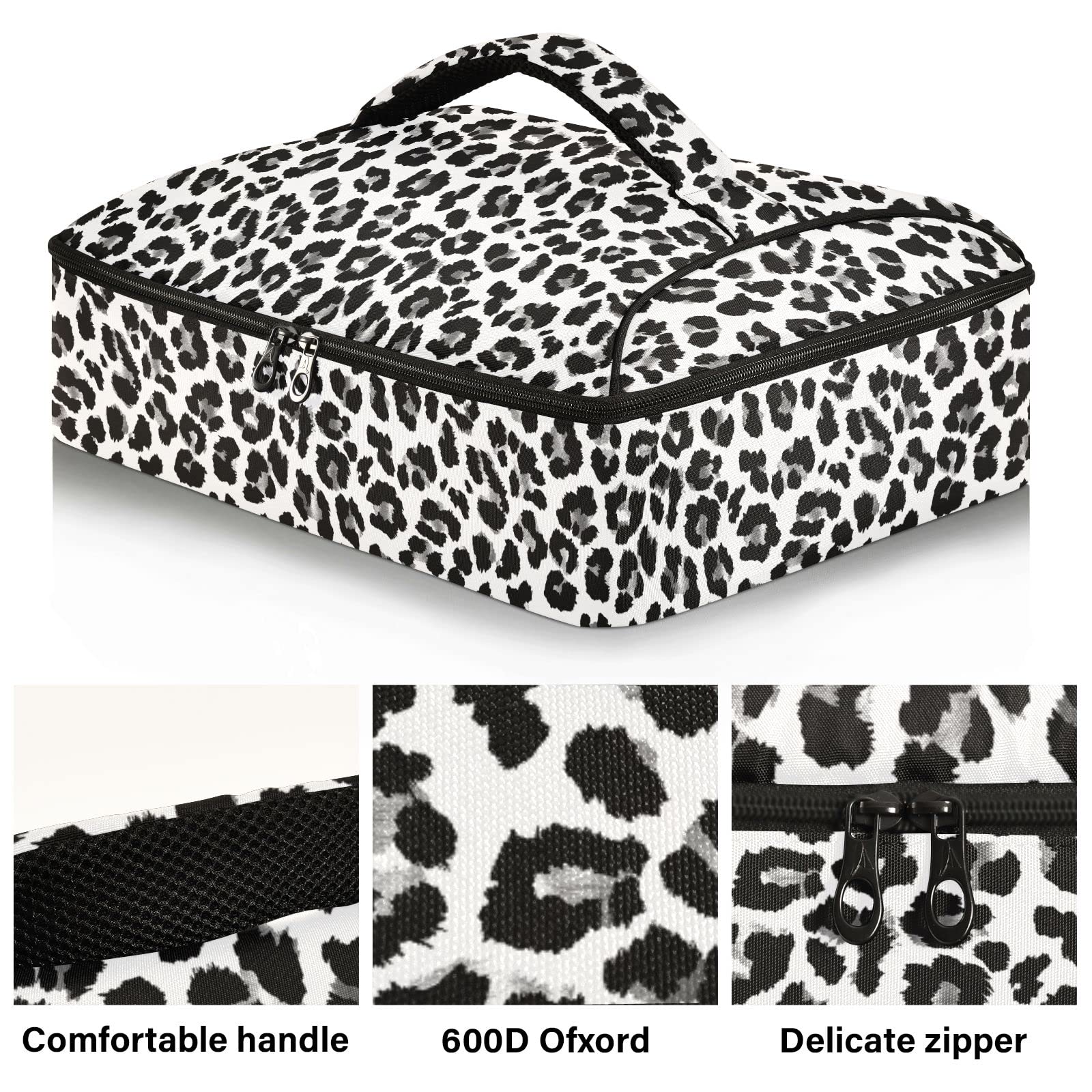 Insulated Casserole Carrier Bag For Hot Or Cold Food White Leopard Black Cheetah With Dish Storage Potluck Party Picnic