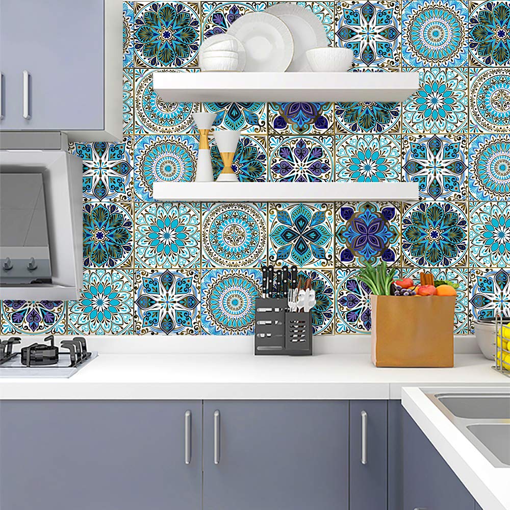 Kakofaci Mandala Style 12 Pcs (6X6 In) Decorative Tile Stickers, Peel And Stick Self Adhesive Removable Moroccan Talavera Tiles