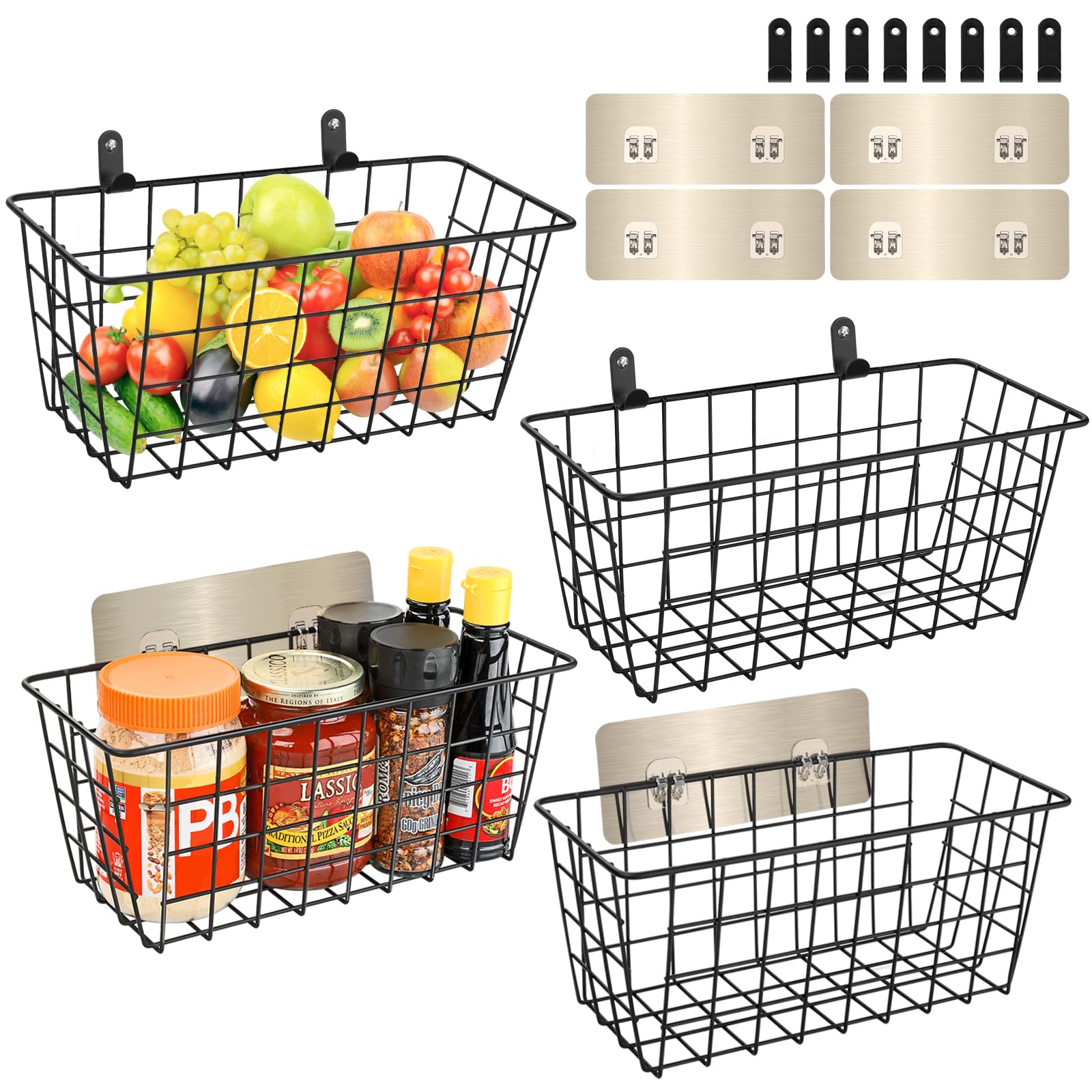 4 Pack Hanging Wall Basket Wire Storage Baskets, Adhesive Basket for Cabinet Door Organizer(2 Wall Mounting Options), Hanging Fr