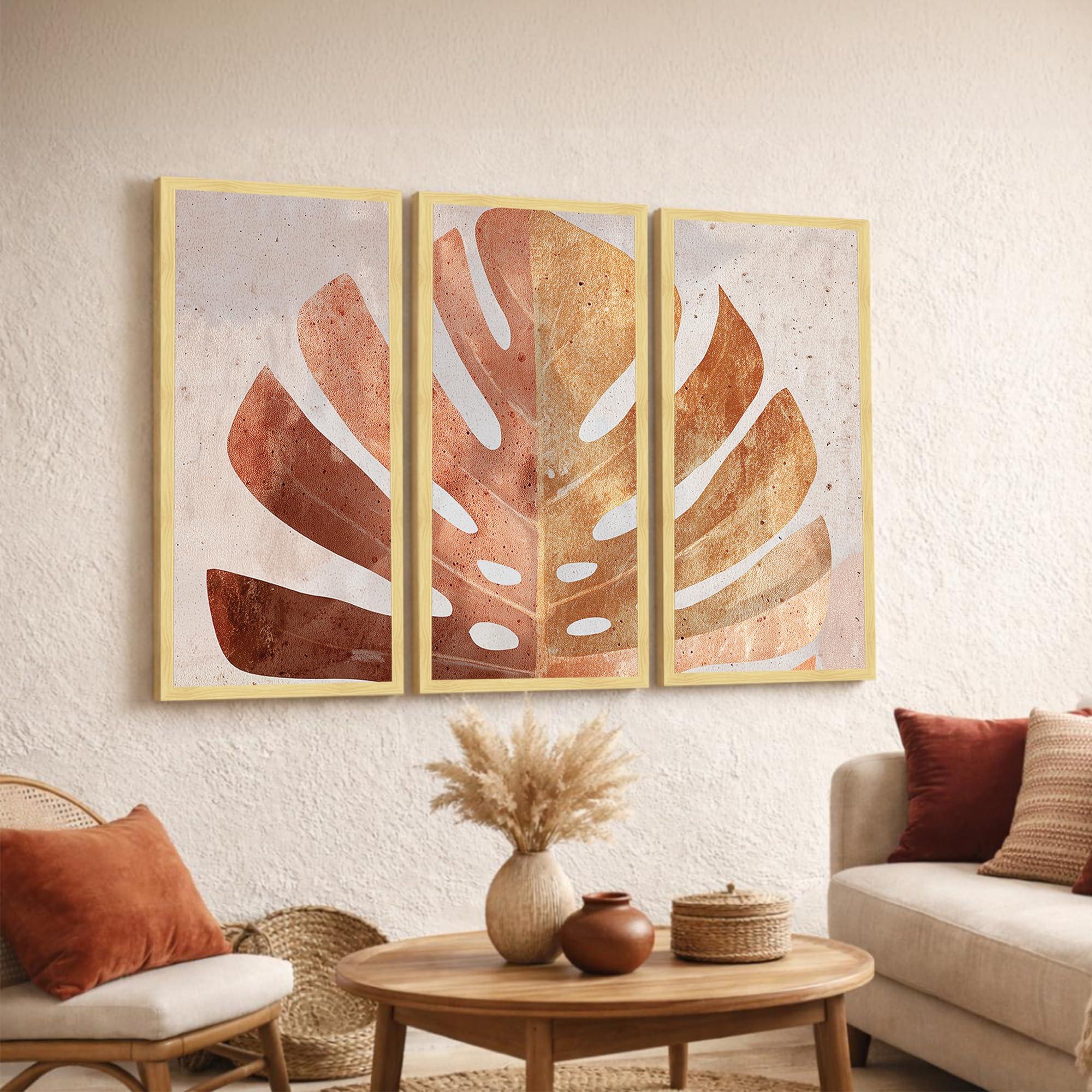 Paintingmantra Abstract Botanical Framed Wall Art Set Of 3 | Modern Boho Leaf & Landscape Prints | Engineered Wood Frame Wall Dc
