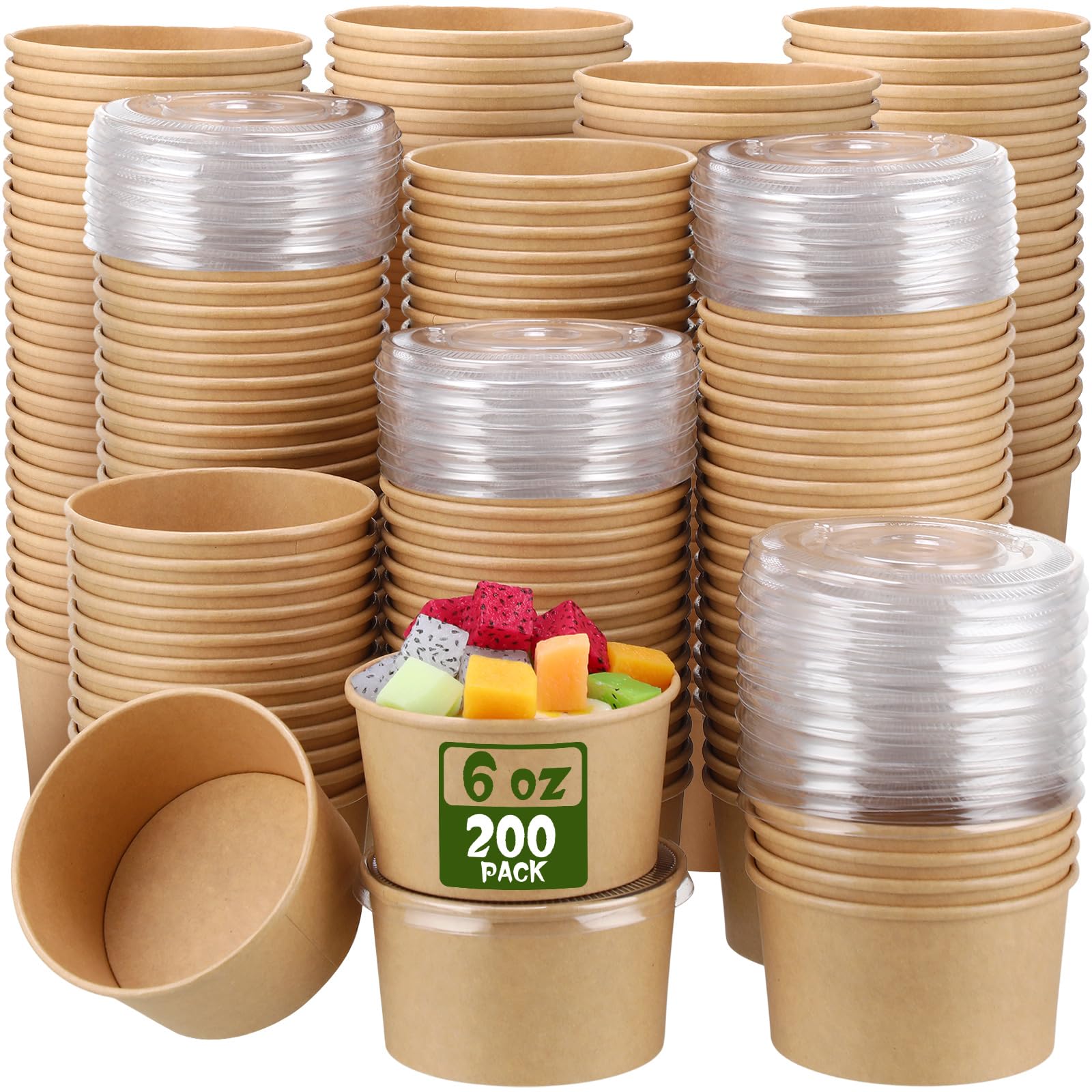 Fulmoon 200 Pack Kraft Paper Food Container with Lid Disposable cup, 6 oz