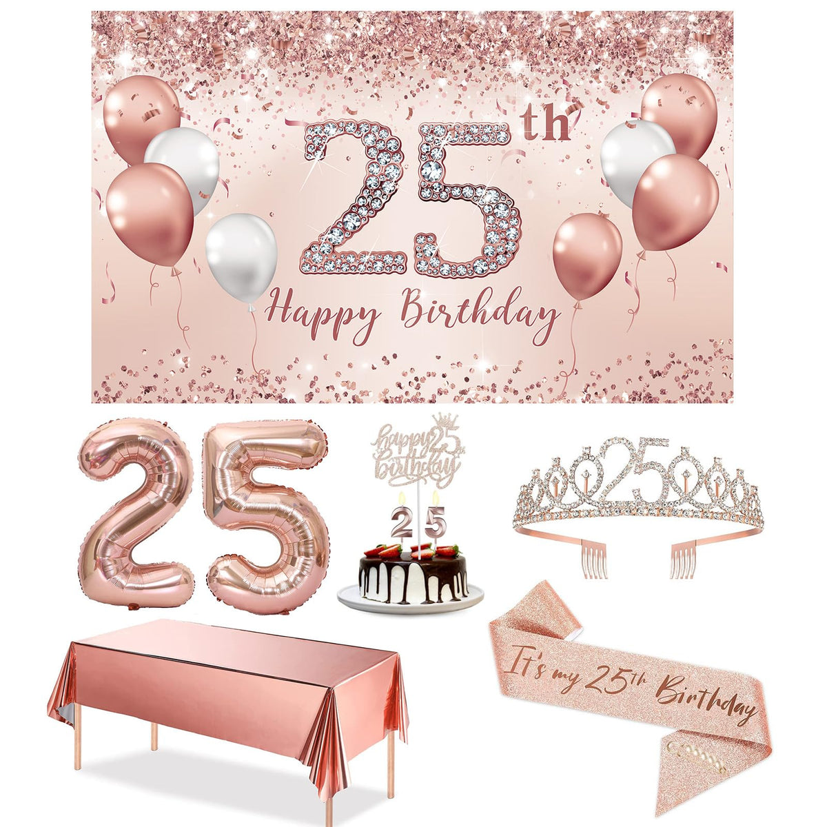 Trgowaul 25Th Birthday Decorations Party Set For Girls, Rose Gold 25 Birthday Banner And Tablecloth, 25 & Fabulous Sash And Tiar