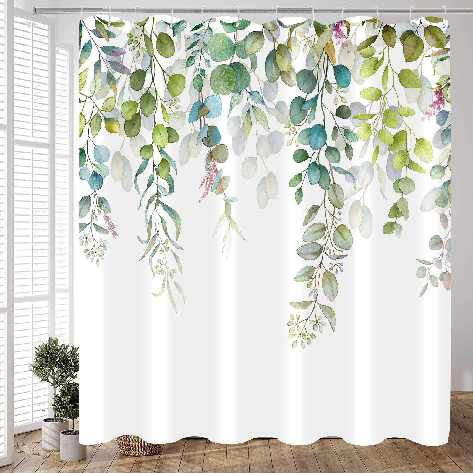 Zussun Long Green Eucalyptus Shower Curtain Watercolor Teal Plant Leaf Bathroom Shower Curtains Waterproof Fabric Botanical Flow