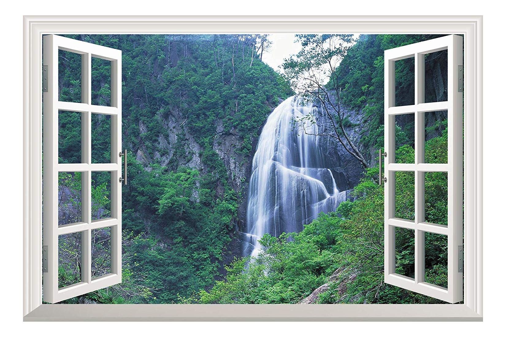 Wall26 Grand Waterfall Green Mountain Open Window Wall Mural Wall Sticker - 36''X48''