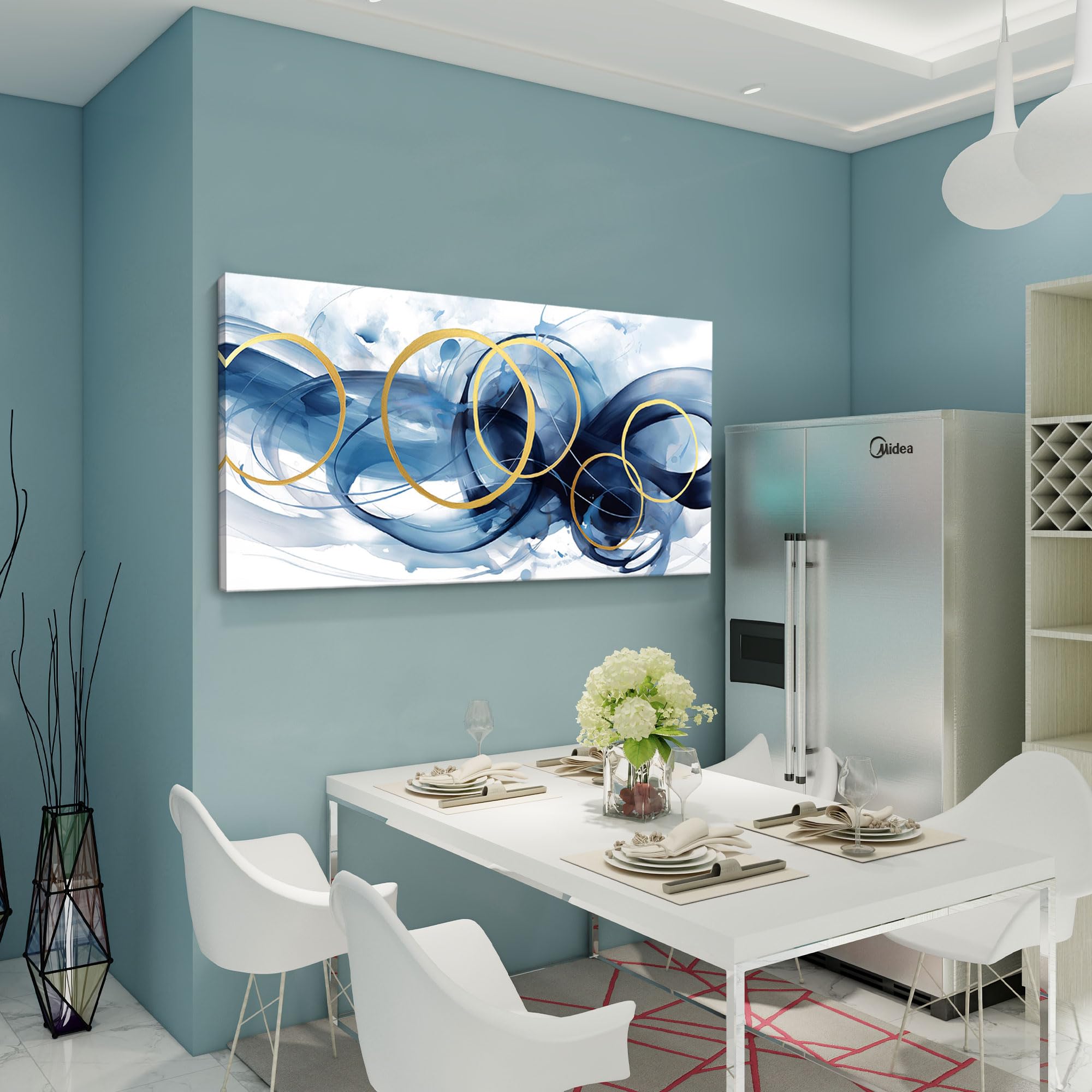 Hkdgoka Wall Art Living Room - Large Abstract Gold Blue Gradient Paintings Wall Canvas Artwork Modern Office Bedroom Pictures Fo