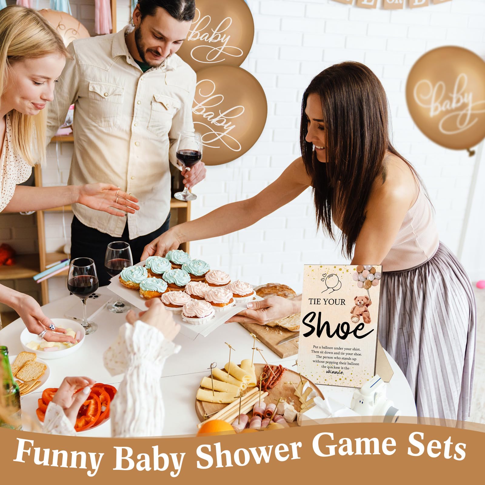Roowest 51 Pcs Tie Your Shoe Baby Shower Game Sign Wooden Sign Greenery Gift Sets Gender Reveal Party Favors 50 Balloons Latex B