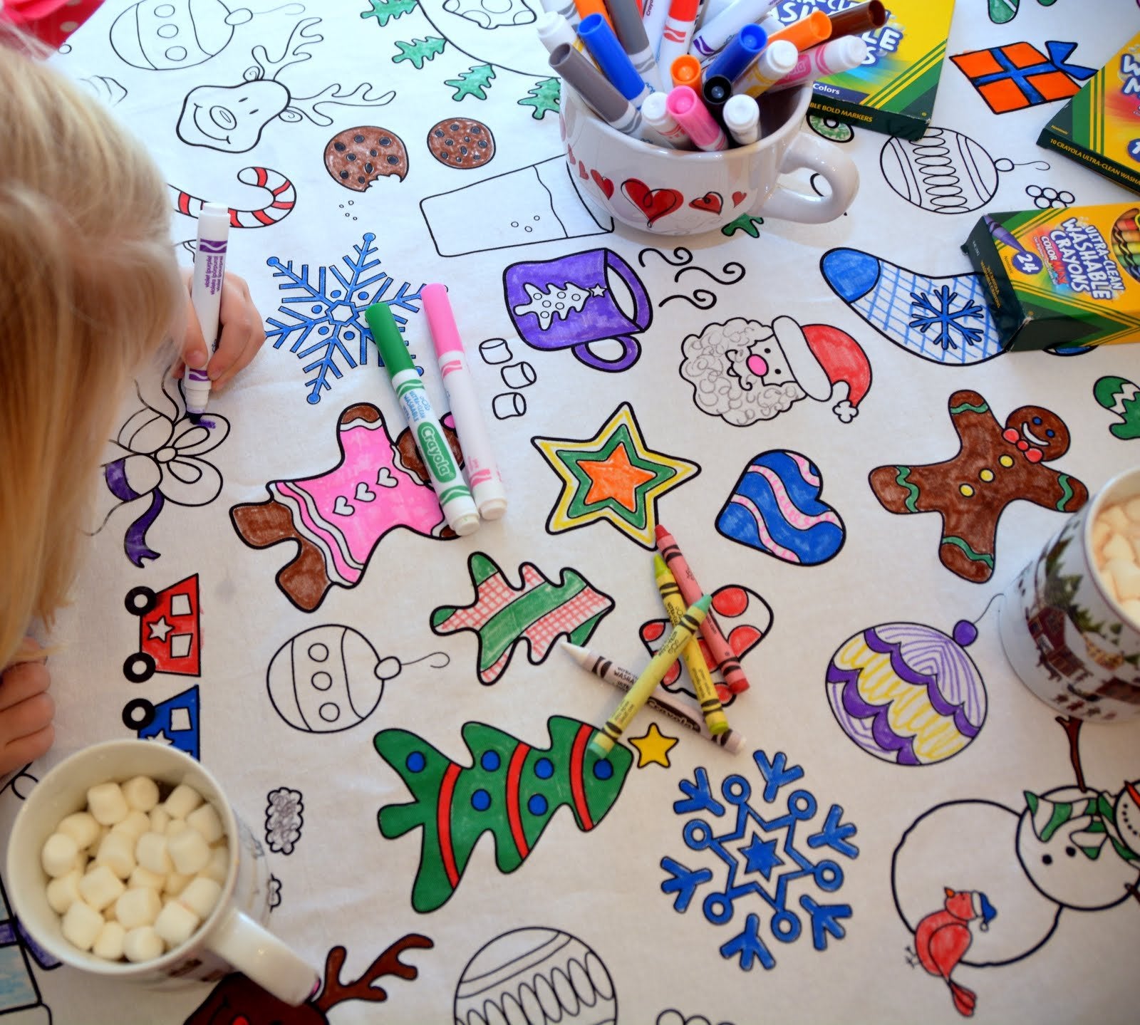 The Coloring Table - Holiday Design - Square Tablecloth - Fabric Coloring Tablecloth - Colorable Designs - Washable And Reusable
