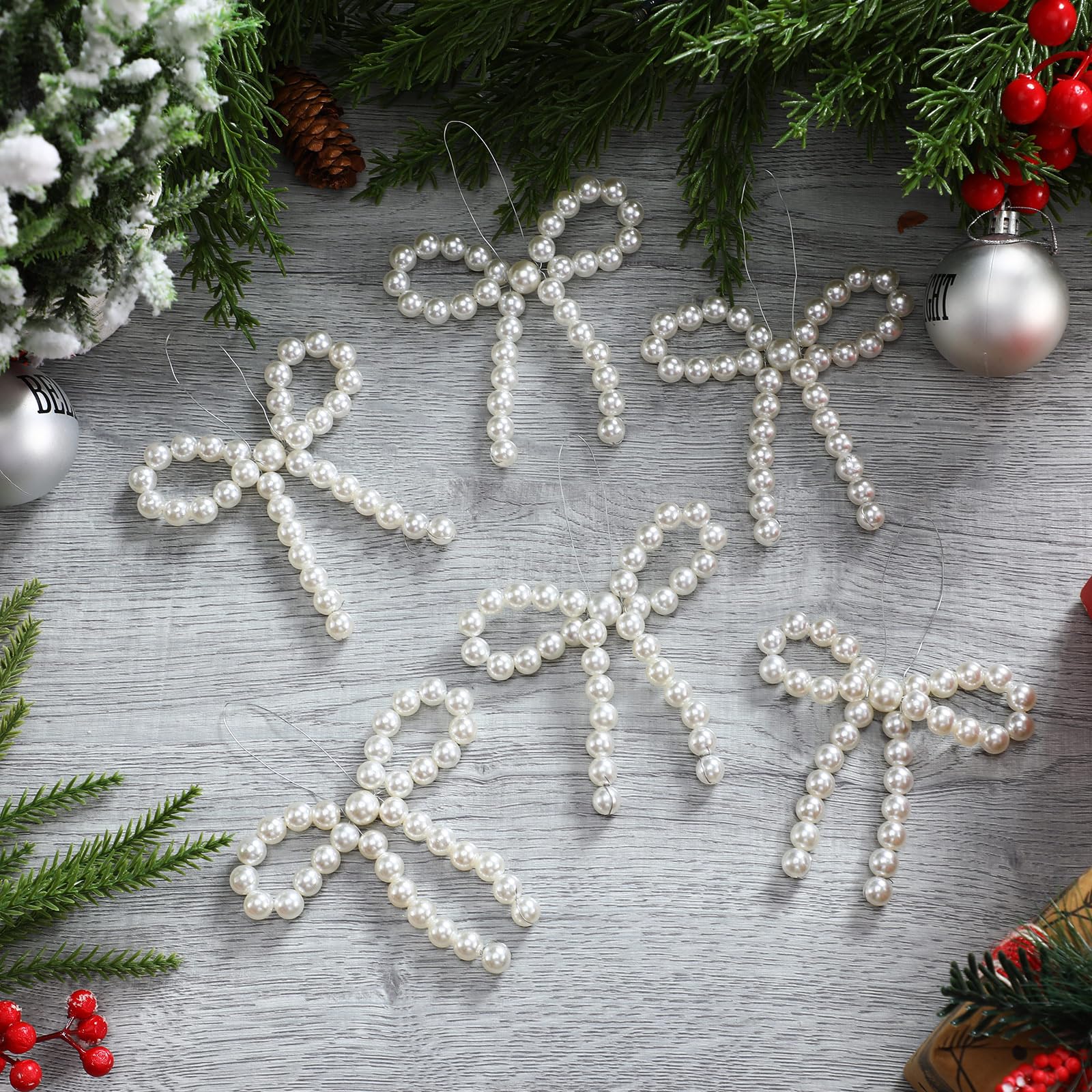 VioraWhite 12 Pcs Pearl Bow Christmas Tree Ornaments - Christmas Tree Bead Bow Hanging Ornaments for Xmas Party Crafts, Wreaths,