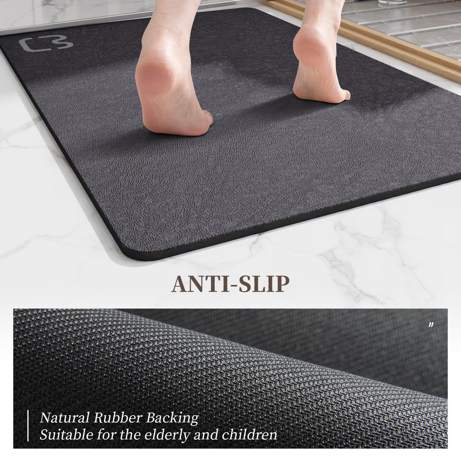 Dark Grey Bath Mat 15.7'' X 47.2'' Extra Long Bathroom Mat Large Fast Dry Super Absorbent Non-Slip Rubber Backed Shower Mat Bath