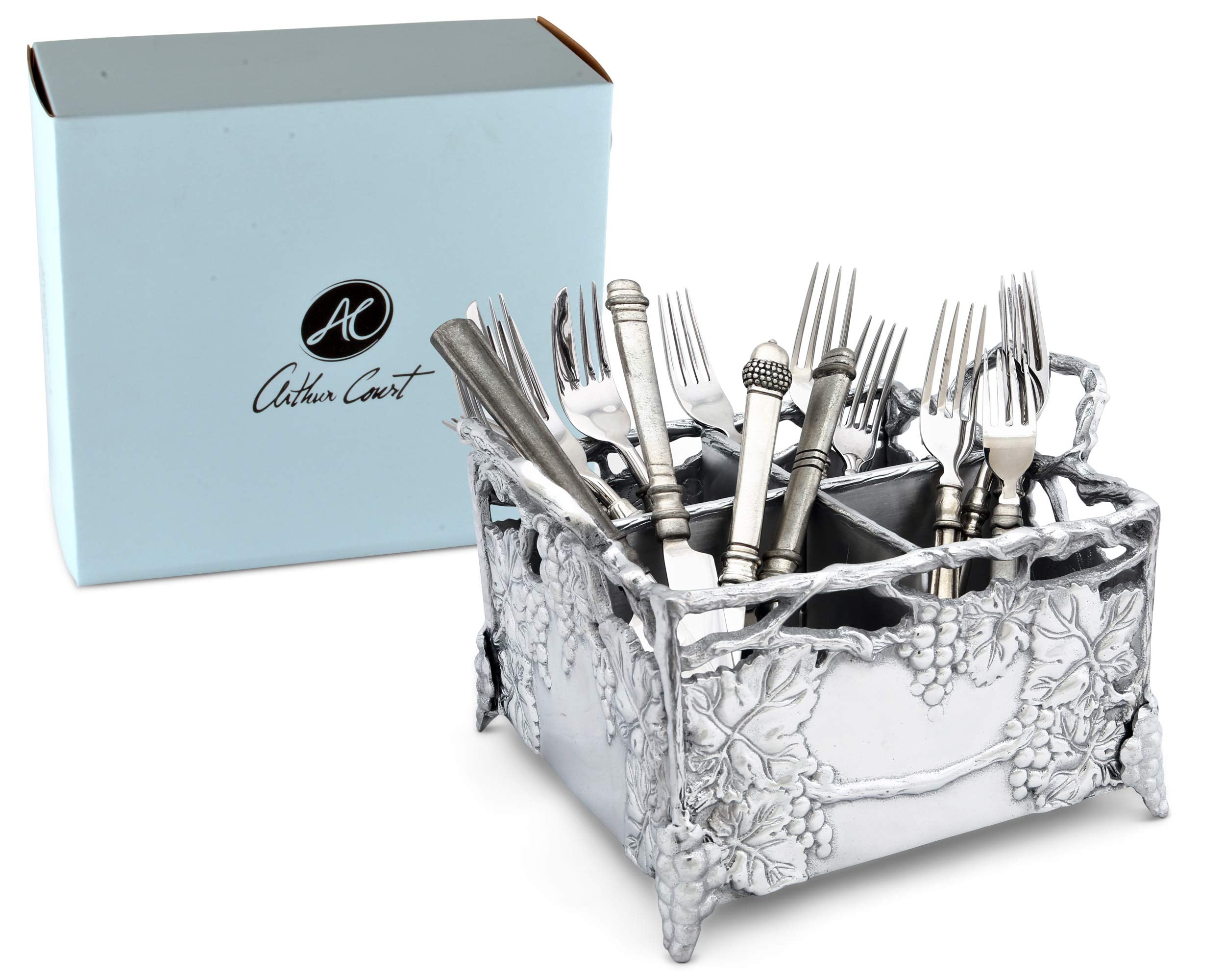 Arthur Court Designs Aluminum Metal Grapevine Flatware Silverware Caddy 8 Inch Square 7 Inch Tall