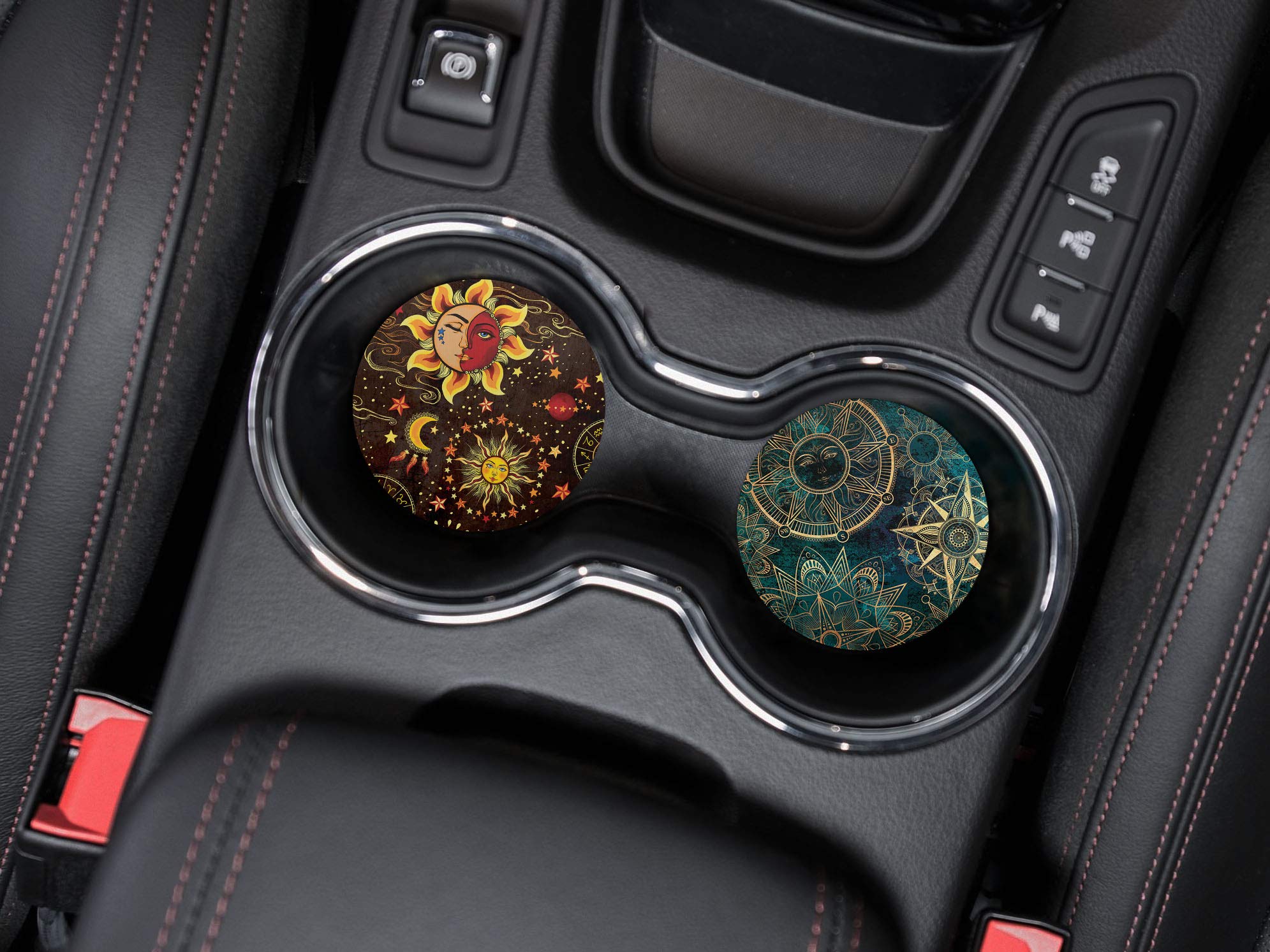 Caribou Coasters, Celestial Sun Moon And Stars + Teal Bohemian Flowers Compass Design Absorbent Round Fabric Felt Neoprene Car C