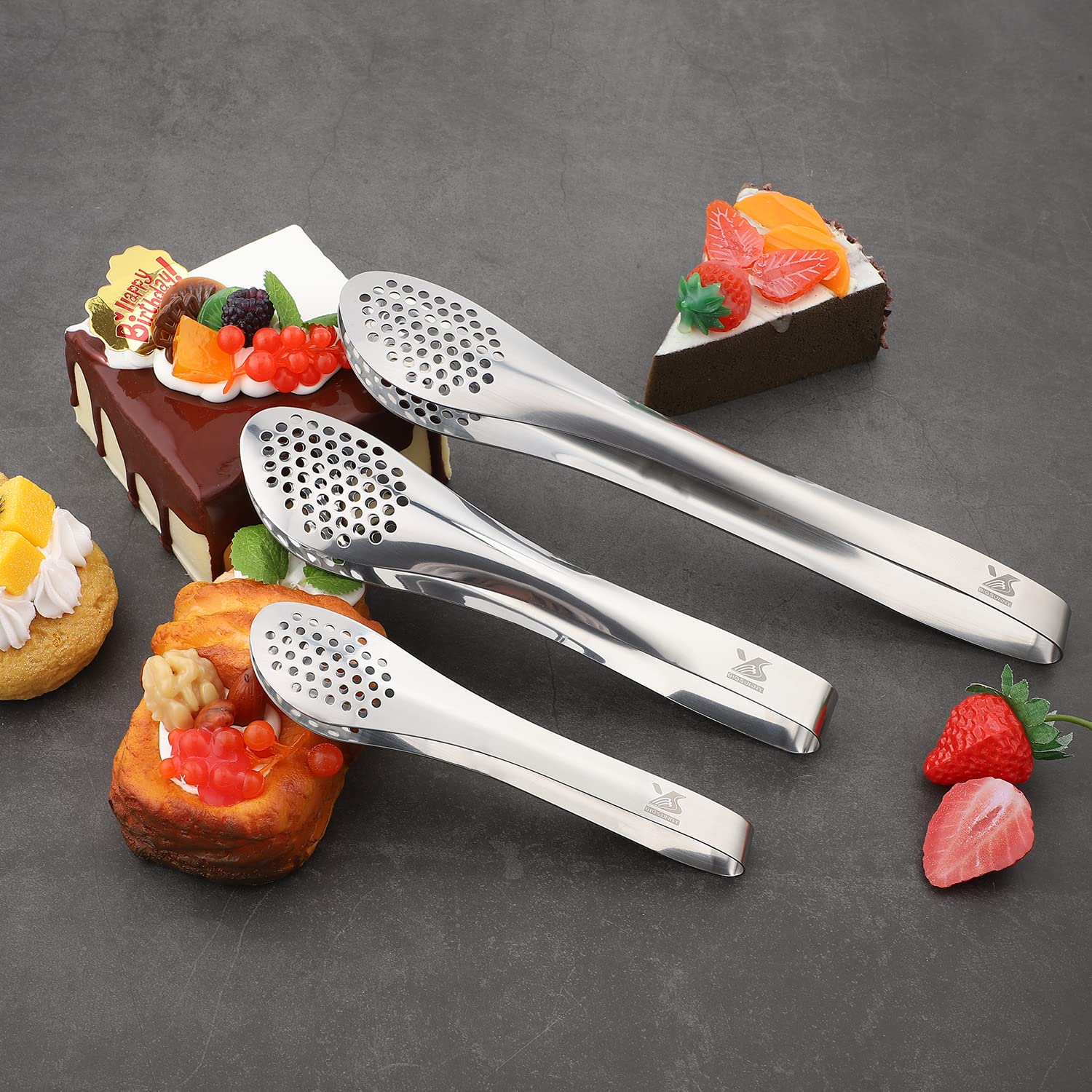 Msy Bigsunny Chef Kitchen Tongs Stainless Steel Food Serving Tongs Set Buffet Tongs (Silver 7'' 9'' & 11'', 3 Pack)