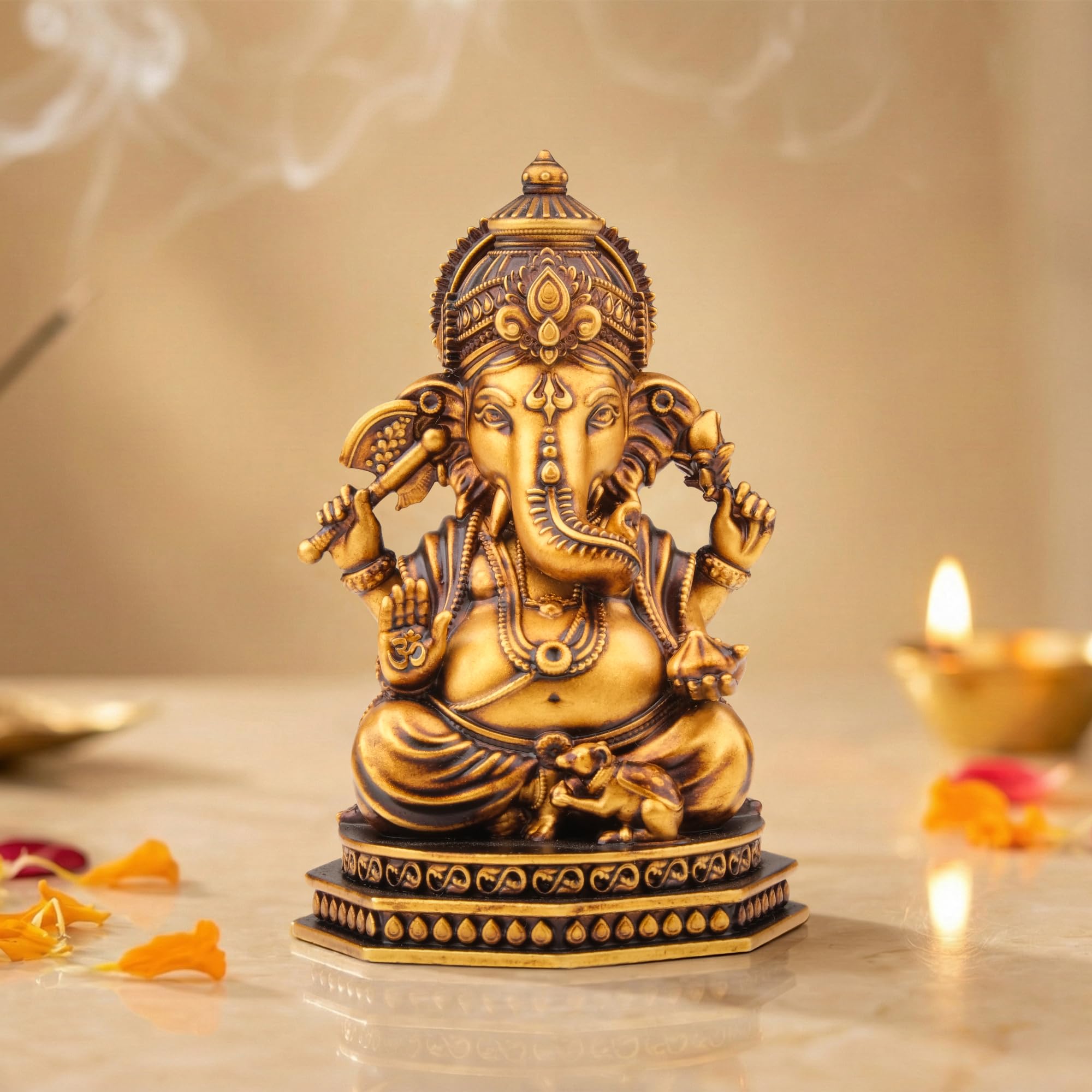 The Divine Tales Ganesh Idol For Car Dashboard God Idol Home Mandir Office Decor Golden Finish Resin Ganpati Idol For Pooja Spir