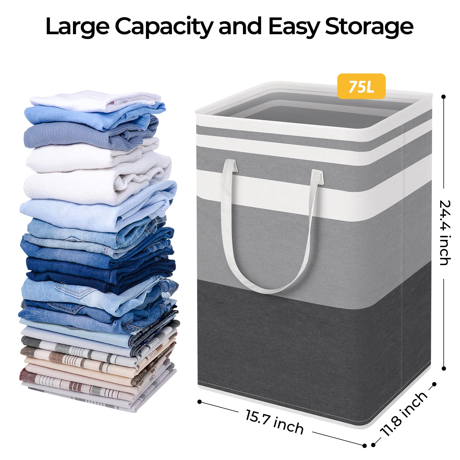 HomeHacks 3-Pack Large Laundry Basket 75L Each Waterproof  Freestanding Laundry Hamper  Collapsible Tall Clothes Hamper with Extended Handles for Clothes Toys in the Dorm and Family-Gradient Grey
