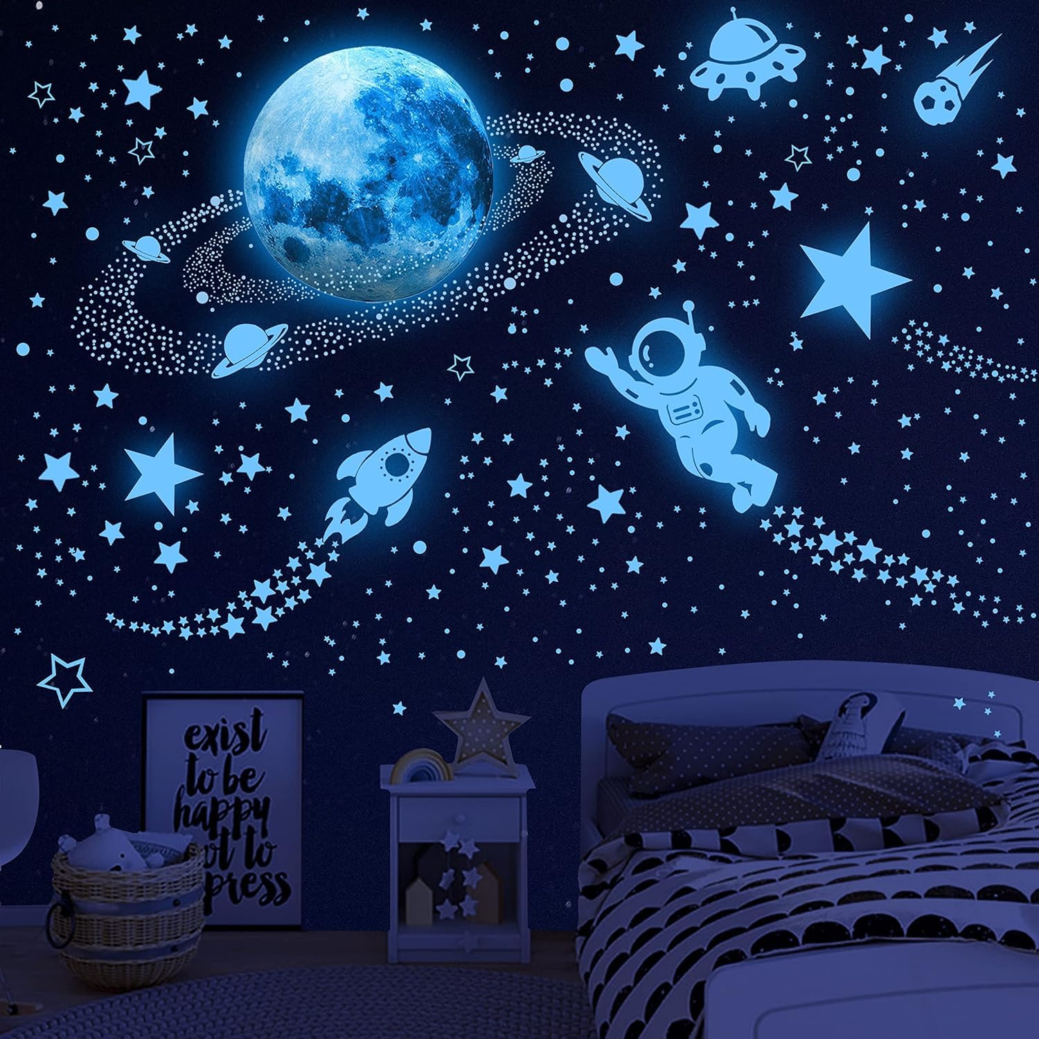 glow in the Dark Stars for ceiling Outer Space Planet Wall Stickers glow in the Dark galaxy Universe Wall Decal Solar System Rockets Alien Wall Decor for Kids Boys girls Bedroom Nursery Playroom ceiling Decor