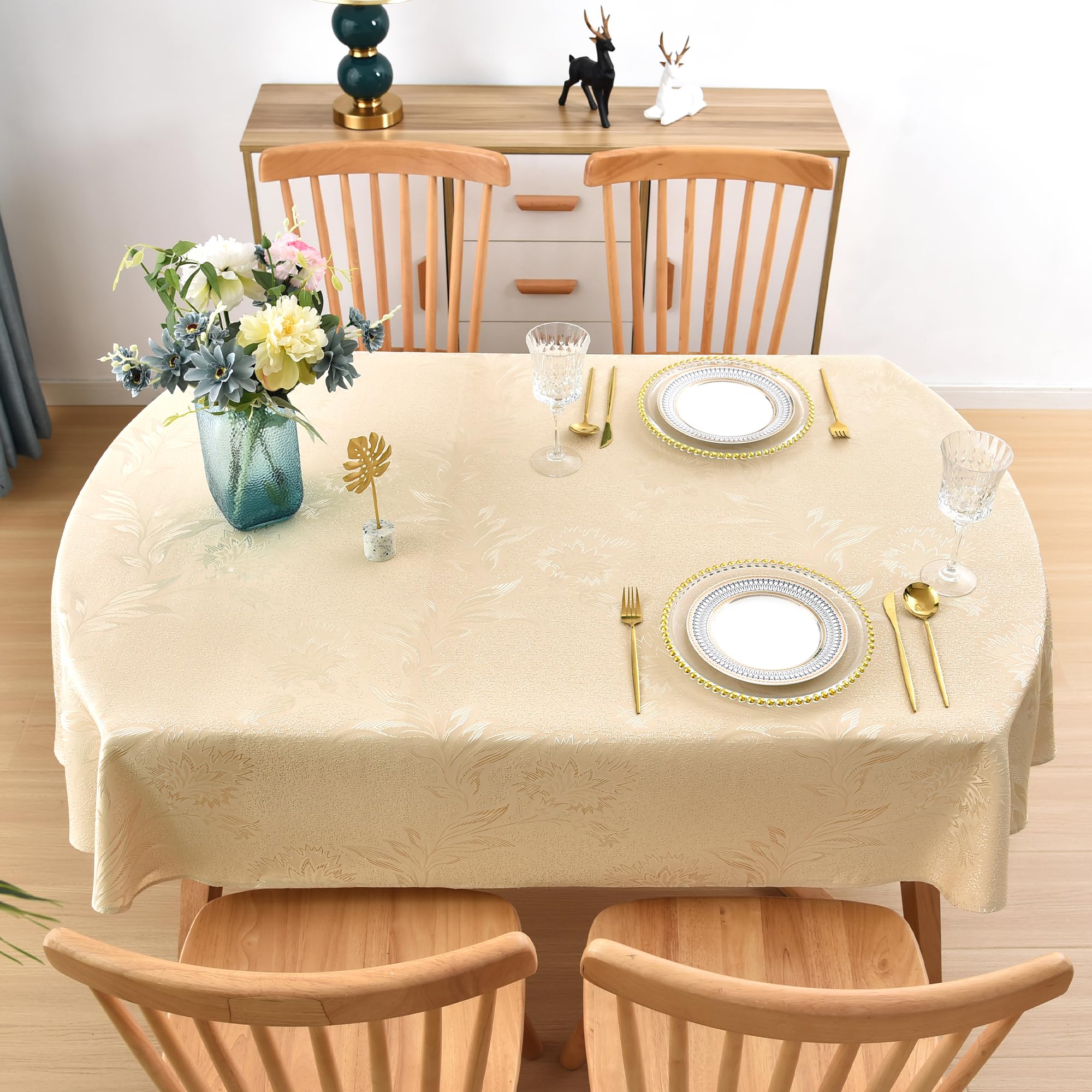 Wolkemer Shiny Oval Jacquard Tablecloth 60 X 102 Inch Beige Floral Countryside Leaves Damask Patterns Table Cloth Glossy Fabric