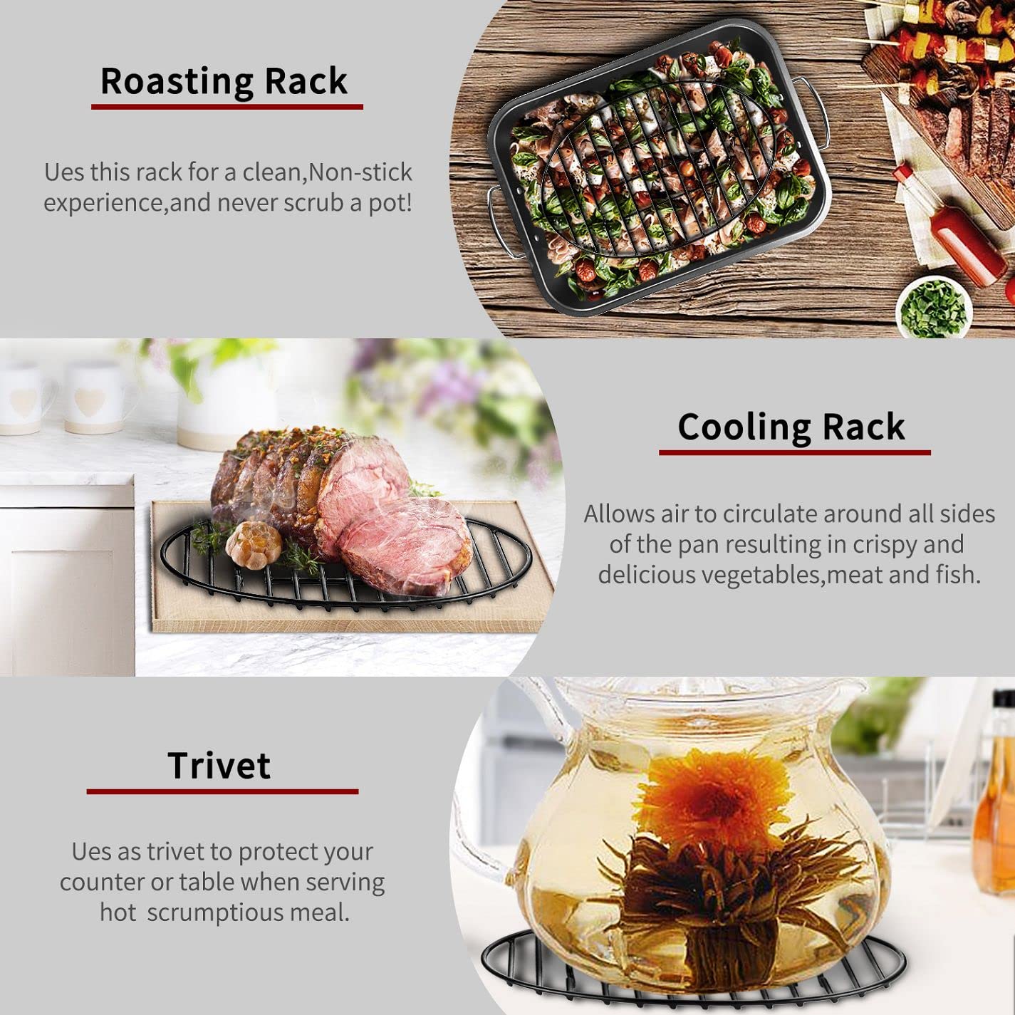 JY COOKMENT Cooling Roasting Rack, Metal, PTFE Free, 10x6.5in, Black, Model JY-46, Dishwasher Safe for Cooking, Drying, and