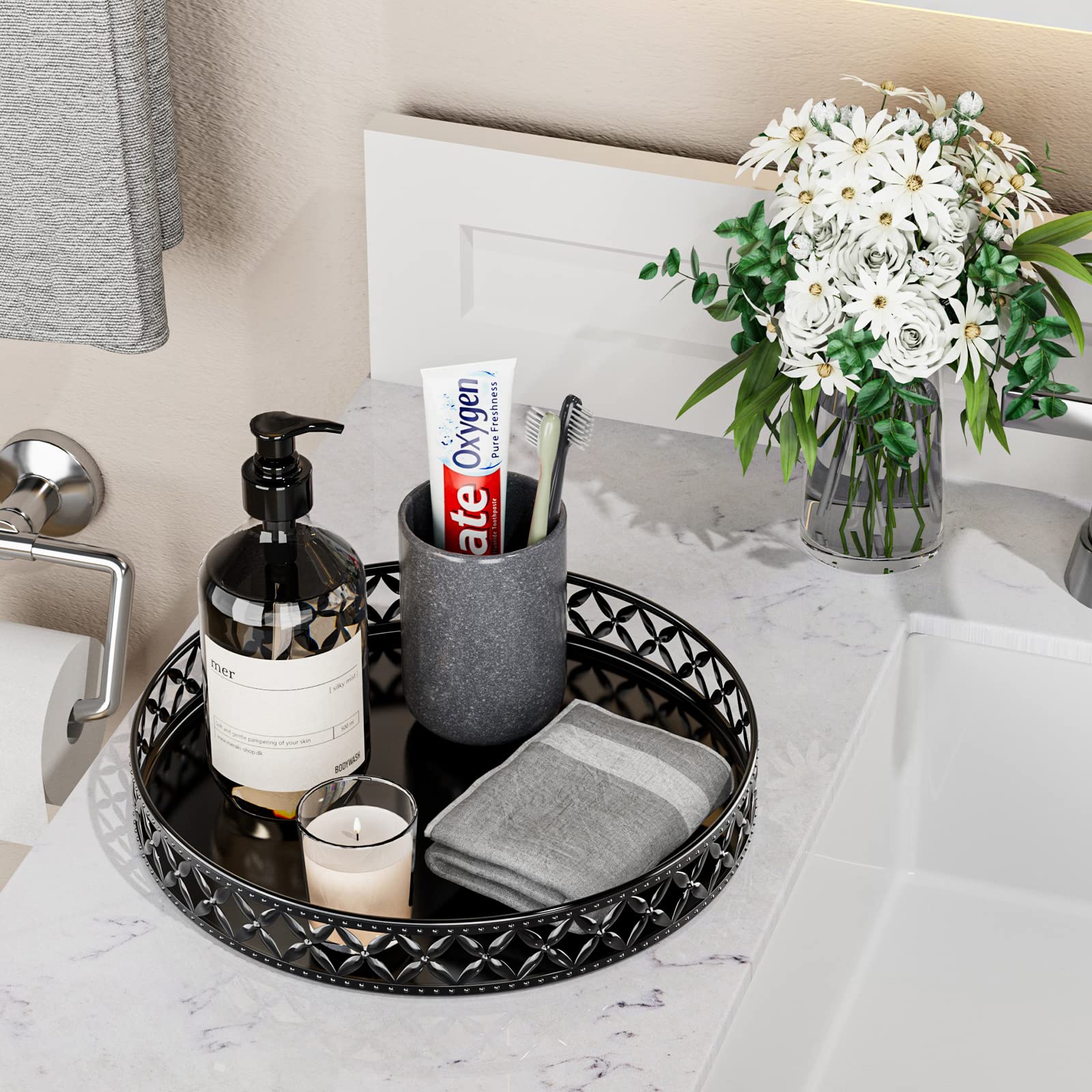 Vanity Tray For Bathroom Counter - 11 Inch Black Decorative Tray Bathroom Counter Tray Organizer For Perfume Cosmetics Jewelry M