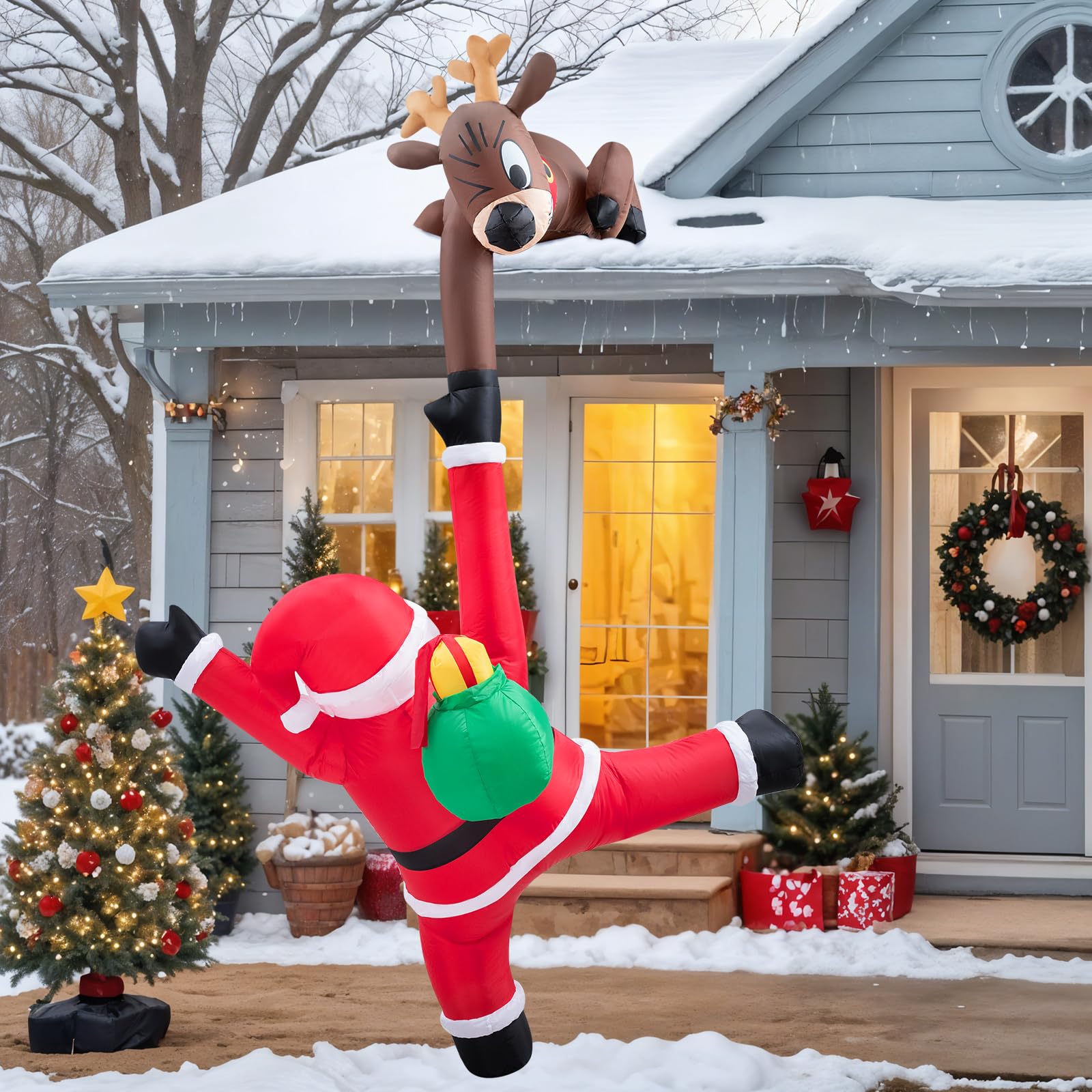 NatNarr 10 FT Inflatable Elk & Climbing Santa Yard Decor with LEDs, Multicolor, Model A1123K-11-V1