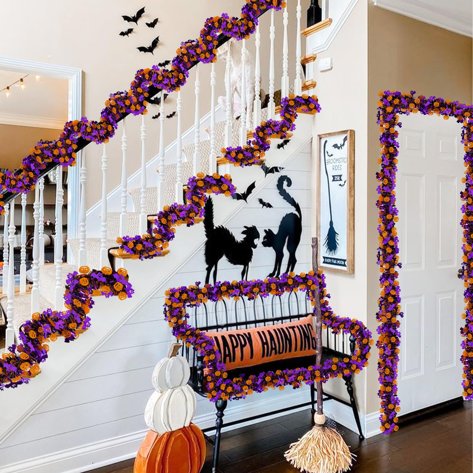 Caplidou 2 Pack 66 FT Halloween Tinsel Garland with Orange Pumpkin Purple Bat Metallic Twist for Tree Party Porch Mantel Door Fi