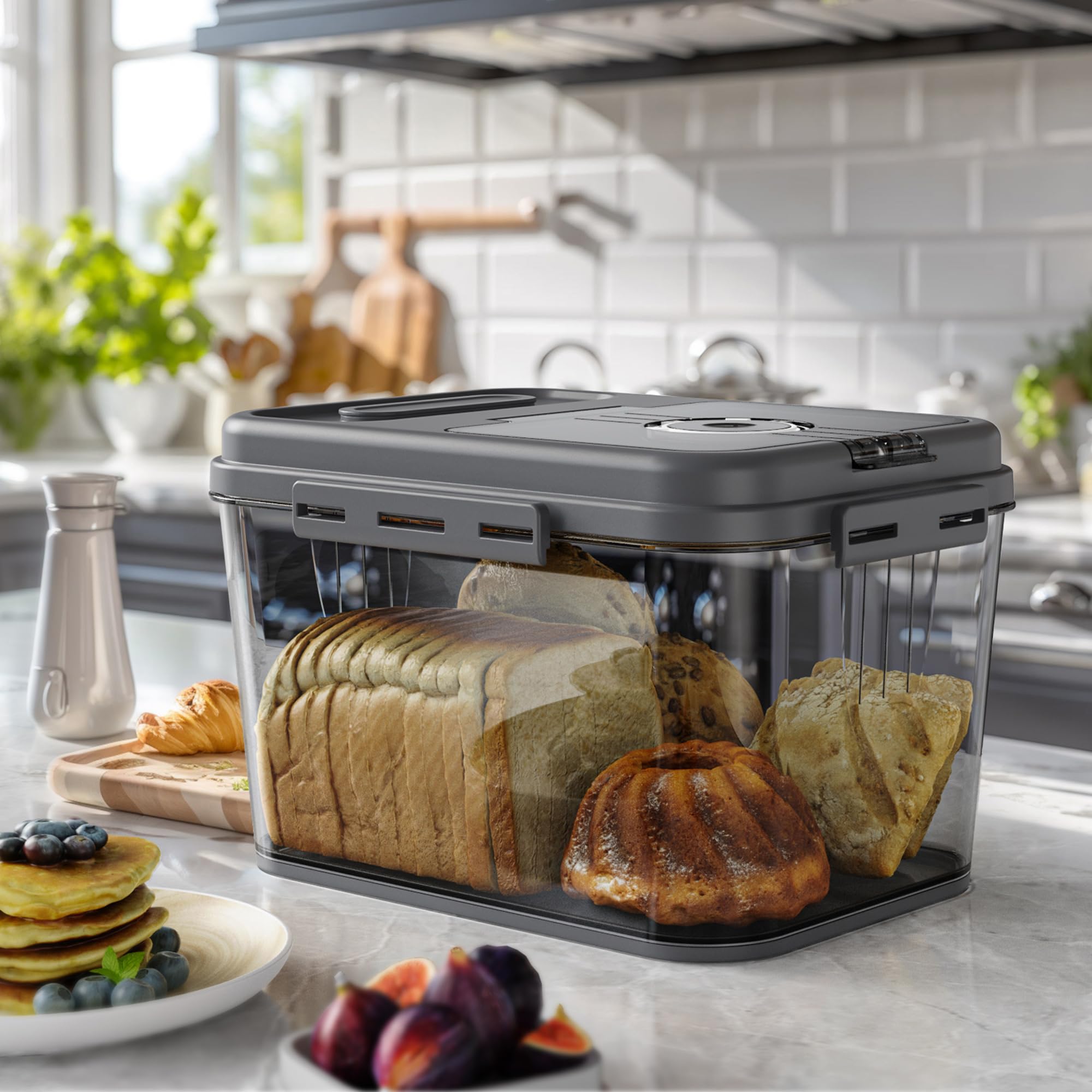 Olimingse Bread Box, 10L Gray Airtight Braed Storage Container, Bread Box For Kitchen Countertop, Time Recording Bread Keeper Wi