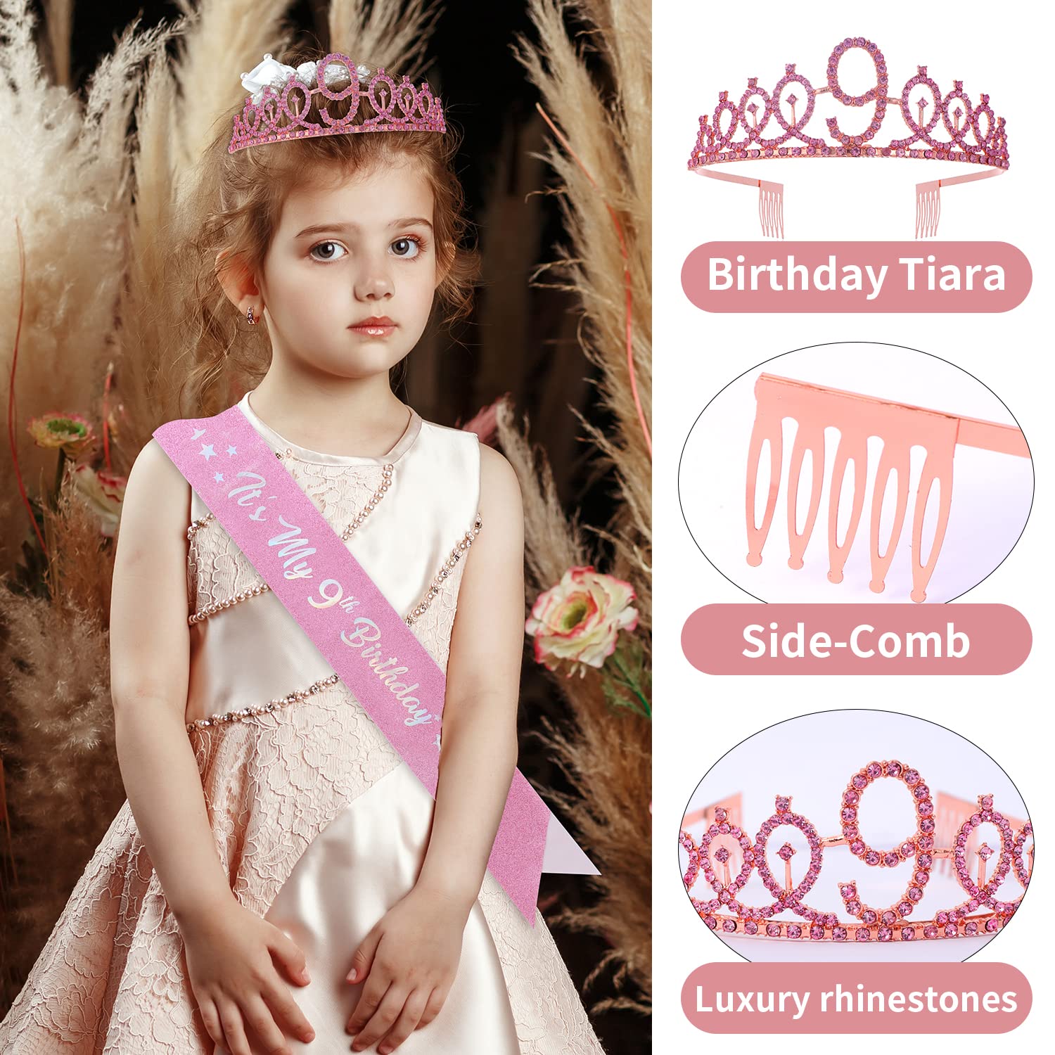 9Th Birthday Decoration For Girl,It'S My 9Th Birthday Sash Rhinestone Crown Happy Birthday Cake Topper Foil Balloon For Girls Bi