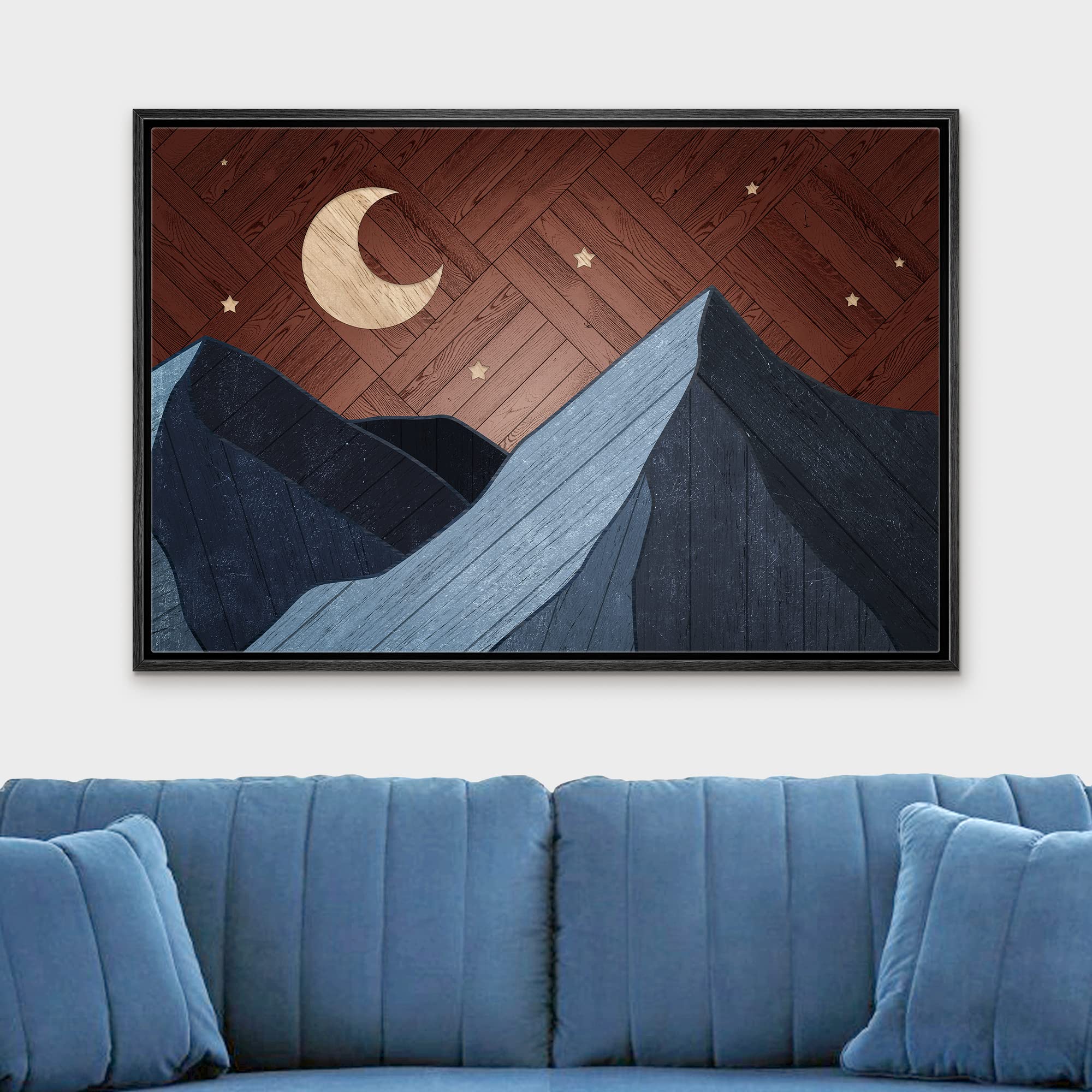 Wall26 Framed Canvas Print Wall Art Western Decor Wood Panel Crescent Moon Mountain Range Nature Wilderness Digital Art Modern A