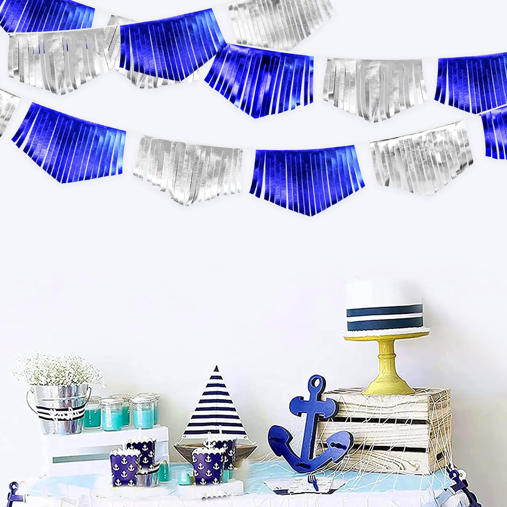 Royal Blue Silver Tassel Banner Metallic Fabric Pennant Bunting Flag For Graduation Birthday Retirement Bachelorette Engagement