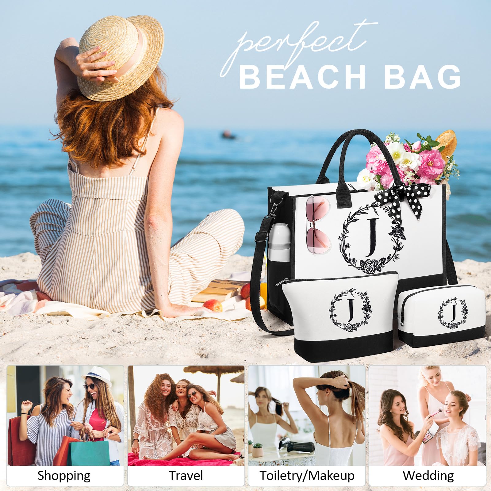 Personalized Valentines Day Gifts For Women, Initial Canvas Tote Bag & Makeup Bag Monogrammed Beach Tote Bag For Women W/Zipper,